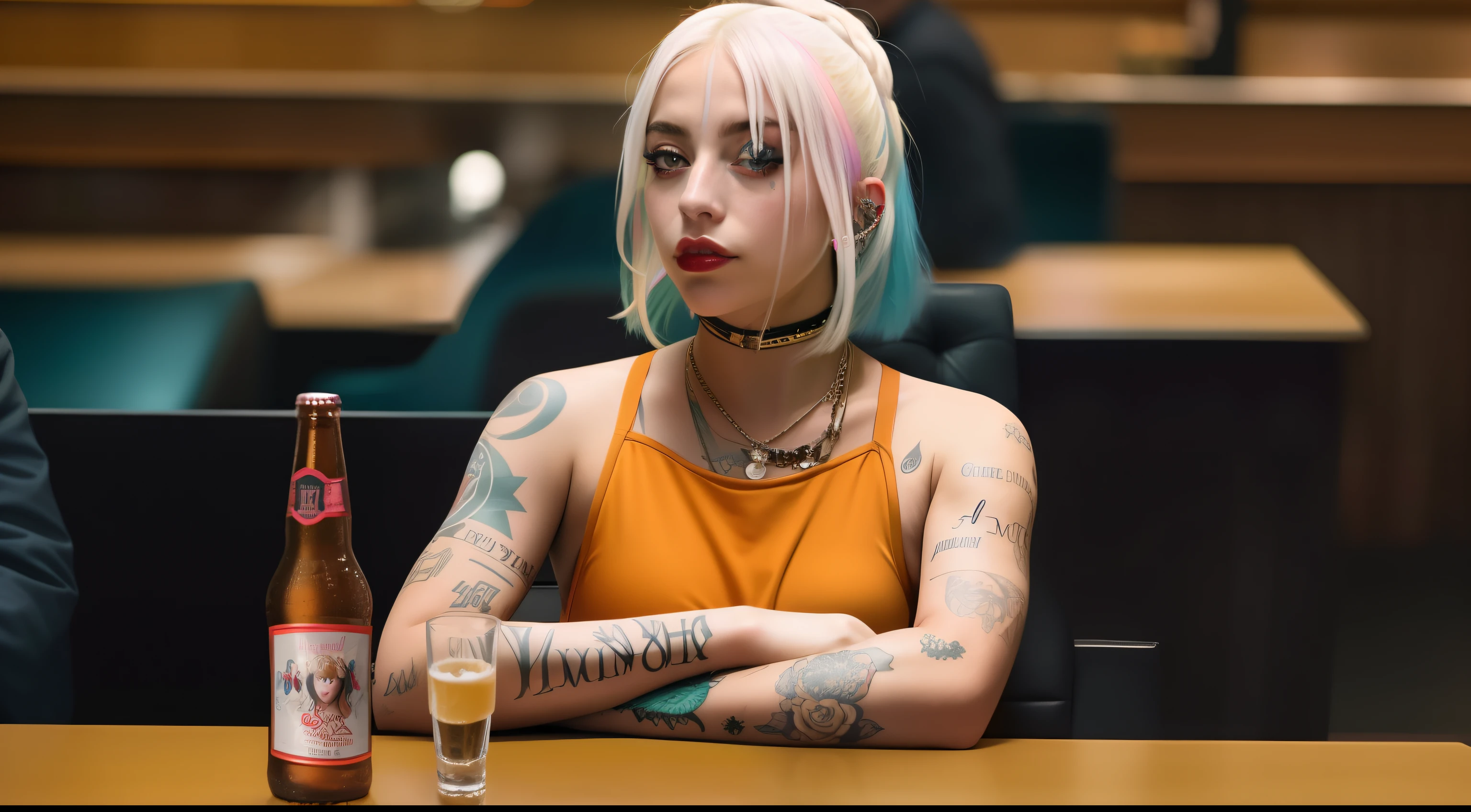 mulher com tatuagens sentada em uma mesa com uma cerveja, Lady Gaga como Harley Queen, Madison Beer como Leeloo, Billie Eilish como uma freira triste, Lady Gaga como Arlequina, Harley Rainha, Margot Robbie como Tank Girl, Lady Gaga Harley Rainha, Overlord Billie Eilish, Billie Eilish como freira, lady gaga is harley quinn