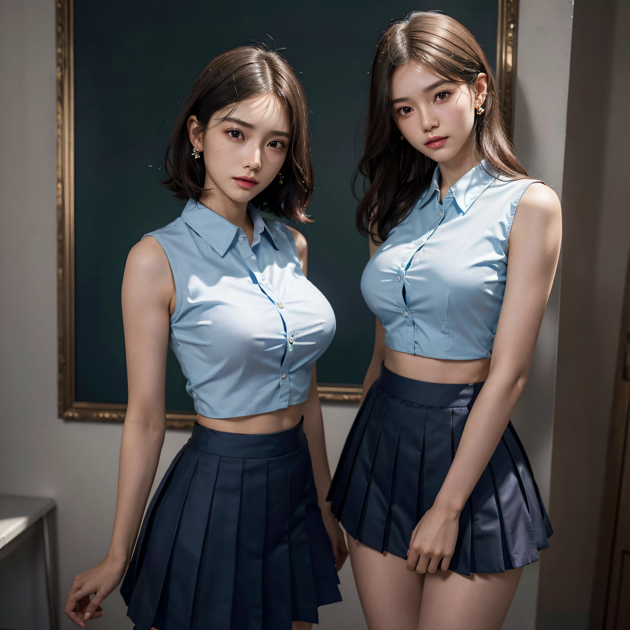 absurdres, RAW photo, extremely delicate and beautiful, masterpiece, Best Quality, ultra high resolution, 16k, hyperrealistic, ultra-detailed, Very detailed CG 8k wallpaper, Beautiful Lighting, Perfect Lightning, Realistic Shadows, perfect anatomy, super Detailed skin, perfect figure, Japanese woman, late 20s, very Slim body, narrow waist, very small head, handsome detailed woman, very detailed eyes and face, realistic face proportions, Stunning detailed eyes, Realistic beautiful face, very small face, Realistic small beautiful eyes, double eyelids, tearful mole, mole on chest, earring, beautiful and very thin legs, beautiful and very thin thighs, (((very huge round breasts))), (full body shot), (((short hair))), (wavy hair), (light blue shirt), (((school uniform, dress shirt))), (Plaid skirt), (((midriff peek))), (((sleeveless))), (((((2 girls))))), (bare arms), (bare legs),