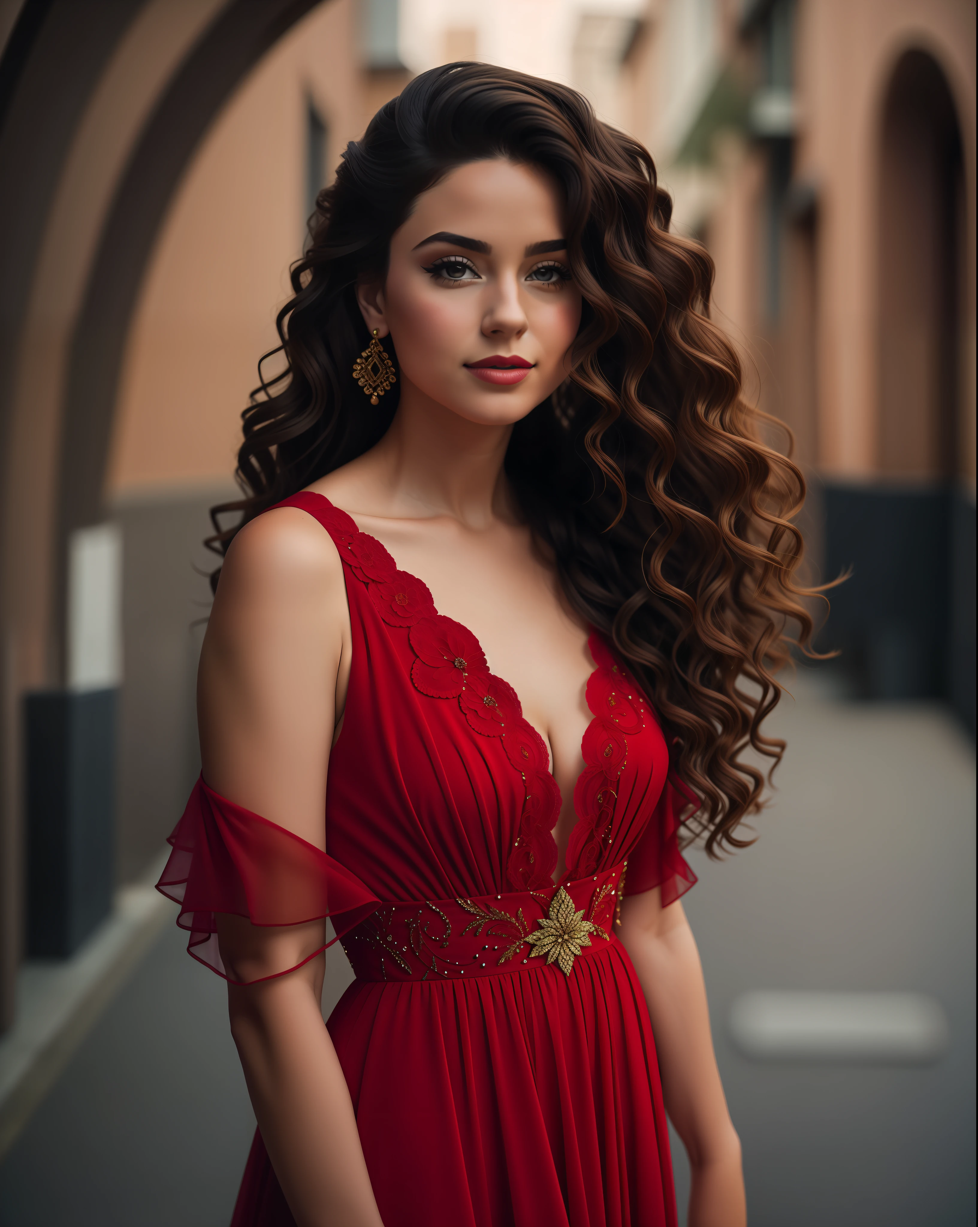 arafed woman with long curly hair (UHD Hair), (UHD Dress), (UHD Body) in a red dress posing for a photo, flowing dress, girl wears a red dress, red dress, wearing a red dress, red dress, elegant red dress, portrait 7 0 mm, wearing an elegant dress, in a red dress, photo portrait, fluid dress, 60mm portrait, 50mm portrait, stylish fashion model, realistic photography, UHD