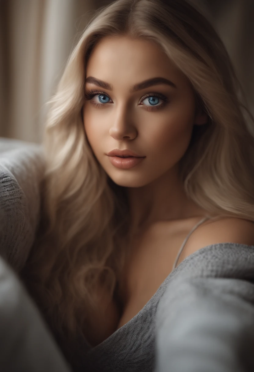 arafed woman fully , sexy girl with blue eyes, ultra realistic, meticulously detailed, portrait sophie mudd, blonde hair and large eyes, selfie of a young woman, bedroom eyes, violet myers, without makeup, cover girl makeup, looking directly at the camera, face with artgram, subtle makeup, thick thighs, high heels, no blur, stunning full body shot, medium to large size bust