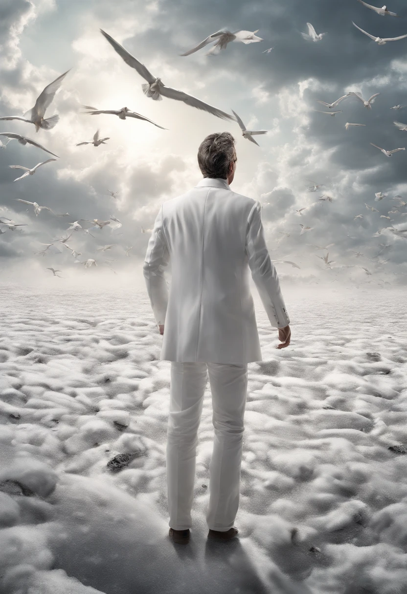 A man , dressed in white, stands on a white field, looking up at the sky with intense fear and tension on their face a lot of books flying in the sky and hes looking at them, , back view , wide shot , high camera angel