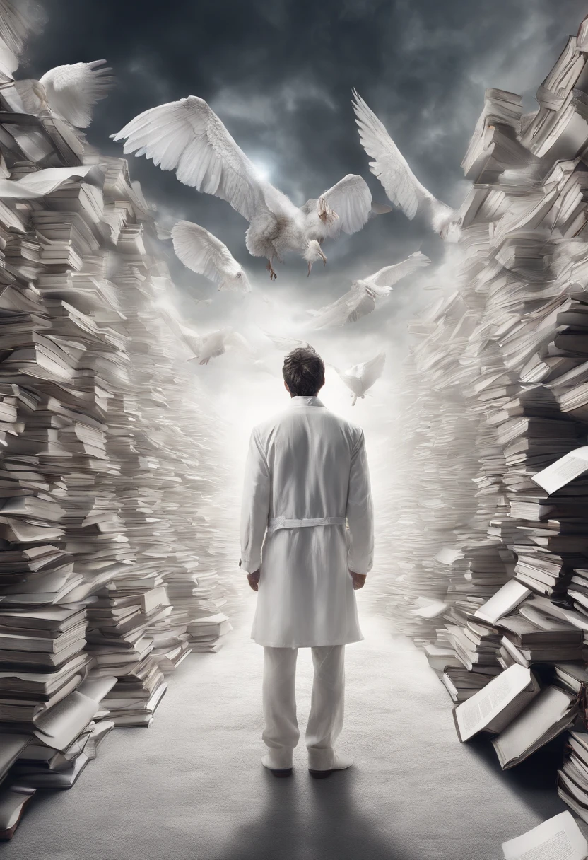 A man , dressed in white, stands on a white field, looking up at the sky with intense fear and tension on their face a lot of books flying in the sky and hes looking at them, , back view , wide shot , high camera angel