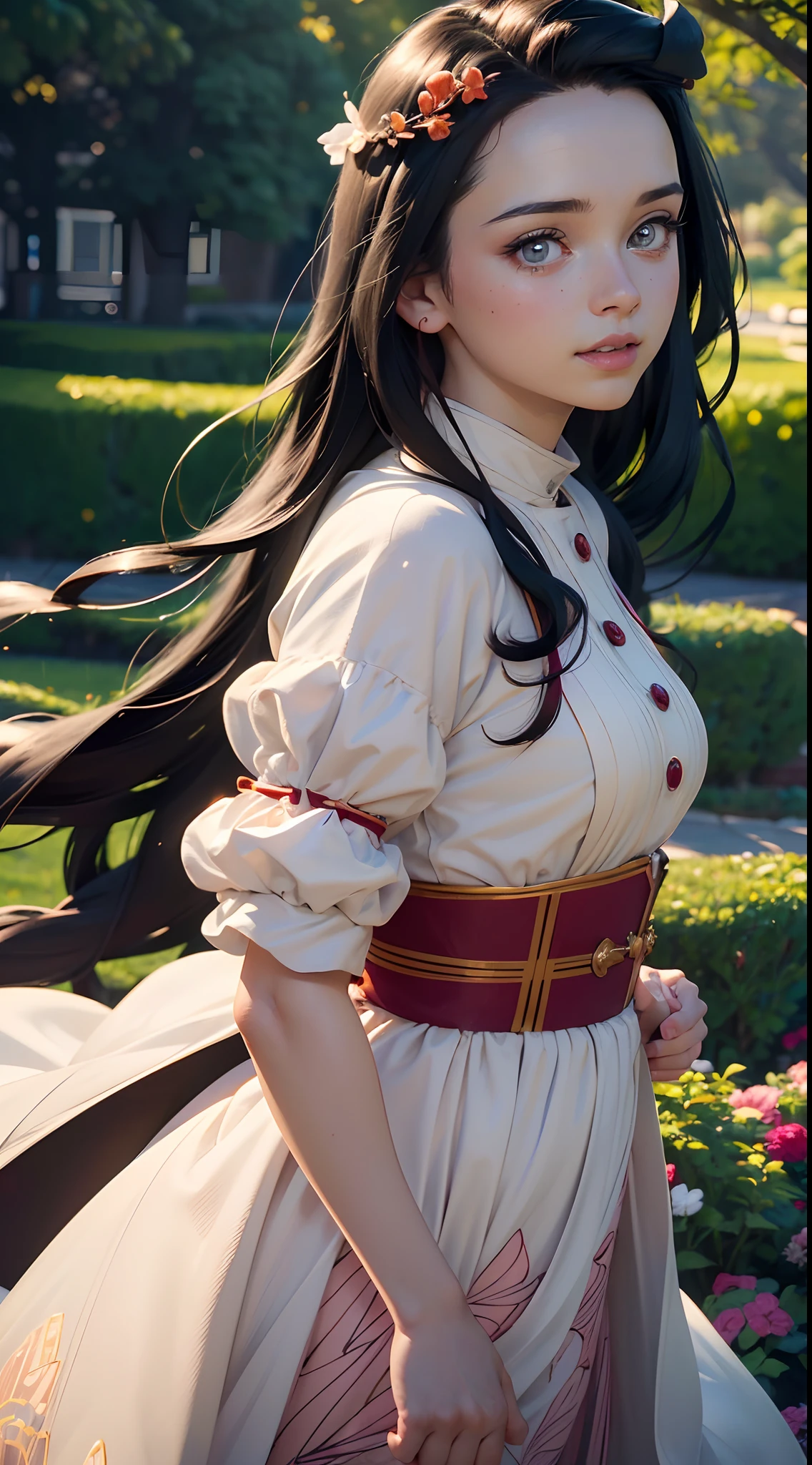 (best quality,4k,8k,highres,masterpiece:1.2),ultra-detailed,(realistic,photorealistic,photo-realistic:1.37),detailed eyes and face,beautiful detailed eyes,beautiful detailed lips,long eyelashes,1girl,Nezuko Kamado posing half-body,cute and adorable,garden background,soft lighting,vibrant colors,anime style