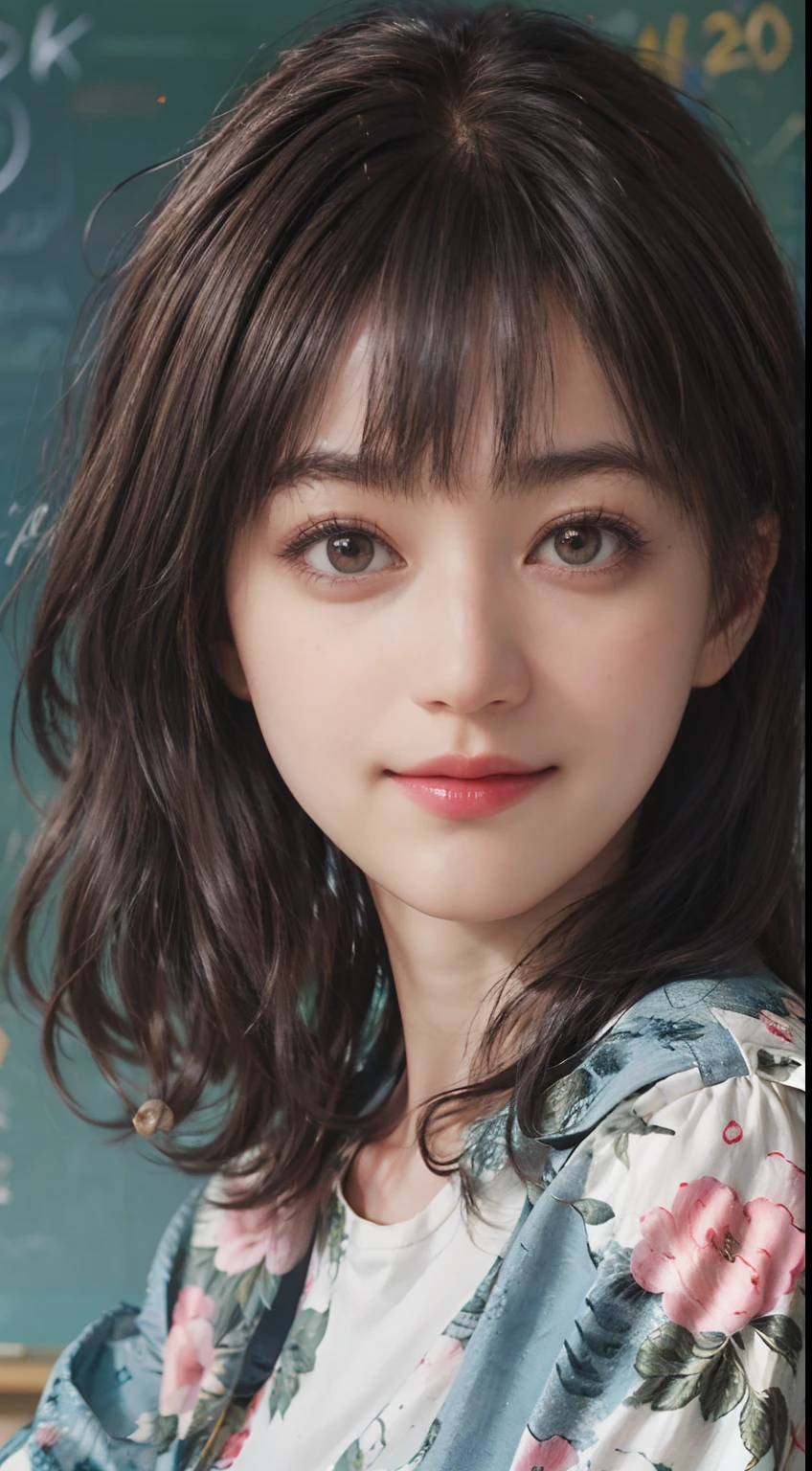 (((Black Shorthair:1.2))), (a 20 yo woman), (T-shirt design), (Floral clothing), (Breast bulge),((Being in a physics classroom)), (A hyper-realistic), (Relaxed), (Increased resolution), (8KUHD), (Extremely detailed), (Best Illustration), (Beautiful and detailed eyes), (Best Quality), (ultra-detailliert), (masutepiece ), ( Wallpaper), (Detailed face), Fine details, Deep Shadows, lowkey, Smiling, (Portrait of Einstein), (Portraits of many physicists), (Solving the chalkboard formula)