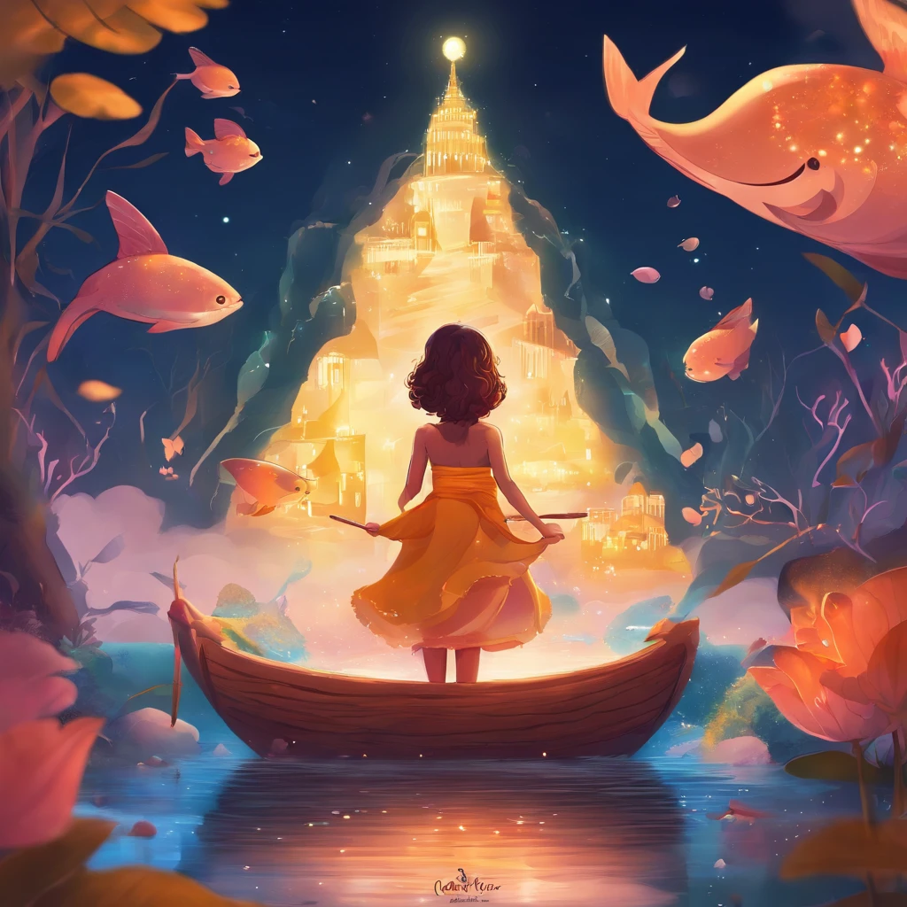 Havia uma menina , com grandes olhos redondos e um sorriso contagiante, e um grande peixe cor dourado Um mar cheio de lixo, them swimming in the sea a beautiful art illustration, Coelhos, Coelhos, coelho_coelhinho, adorable digital art, 🍁 fofo, in illustration style digital, cena quente e bonita, cute illustration, arte digital detalhada bonito, Cyril Rolando e Goro Fujita, ao estilo de Cyril Rolando