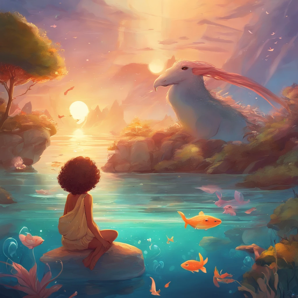 Havia uma menina , com grandes olhos redondos e um sorriso contagiante, e um grande peixe cor dourado Um mar cheio de lixo, them swimming in the sea a beautiful art illustration, Coelhos, Coelhos, coelho_coelhinho, adorable digital art, 🍁 fofo, in illustration style digital, cena quente e bonita, cute illustration, arte digital detalhada bonito, Cyril Rolando e Goro Fujita, ao estilo de Cyril Rolando