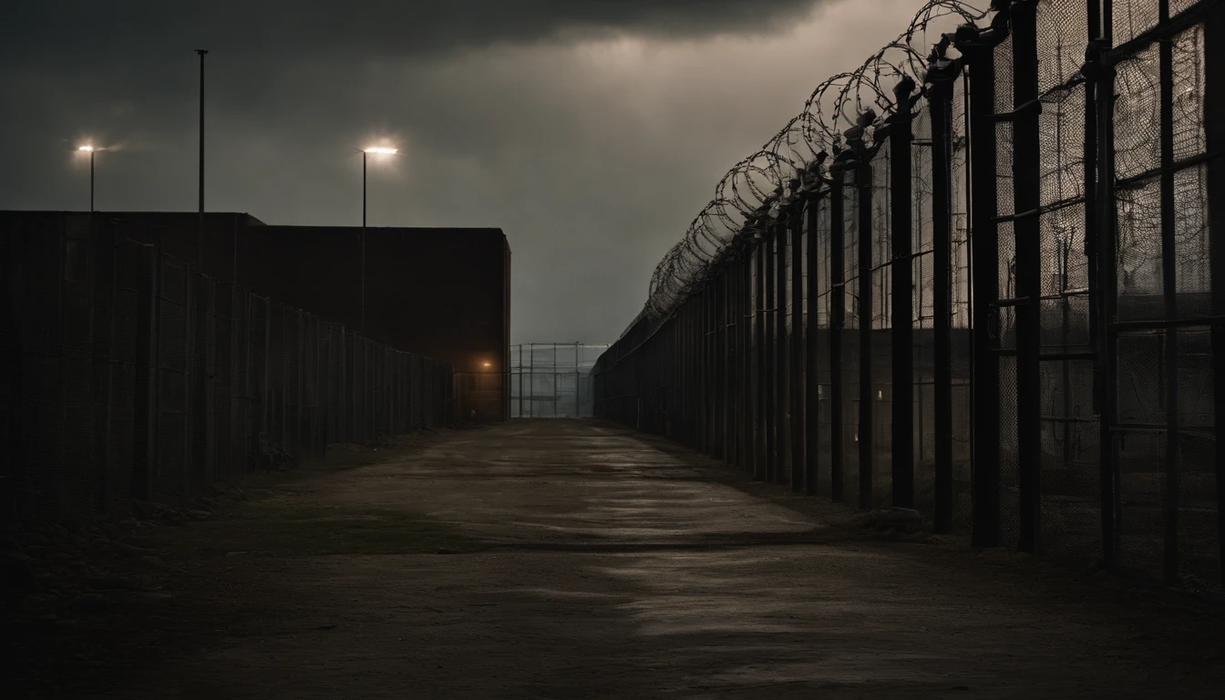 Cinematic scenery of a huge high-security prison, looming in the distance with towering concrete walls and barbed wire fences. The scene is set during a stormy night, with dark clouds and lightning flashes overhead, creating a sense of danger and tension. The prison is heavily guarded, with floodlights illuminating the surroundings and surveillance cameras scanning the area. The atmosphere is gritty and ominous, evoking a feeling of confinement and isolation. The style is inspired by dark and gritty films like "The Shawshank Redemption" and "Escape from Alcatraz." The details are intricate, with a focus on the architectural design of the prison, the gloomy lighting, and the contrasting textures of the surrounding environment. The shot is cinematic, utilizing various angles and perspectives to capture the scale and imposing nature of the prison. The image is high-definition, with rich colors and fine details, enhancing the realism and intensity of the scene. This cinematic scenery of a high-security prison is trending in the realm of visual storytelling and film aesthetics.