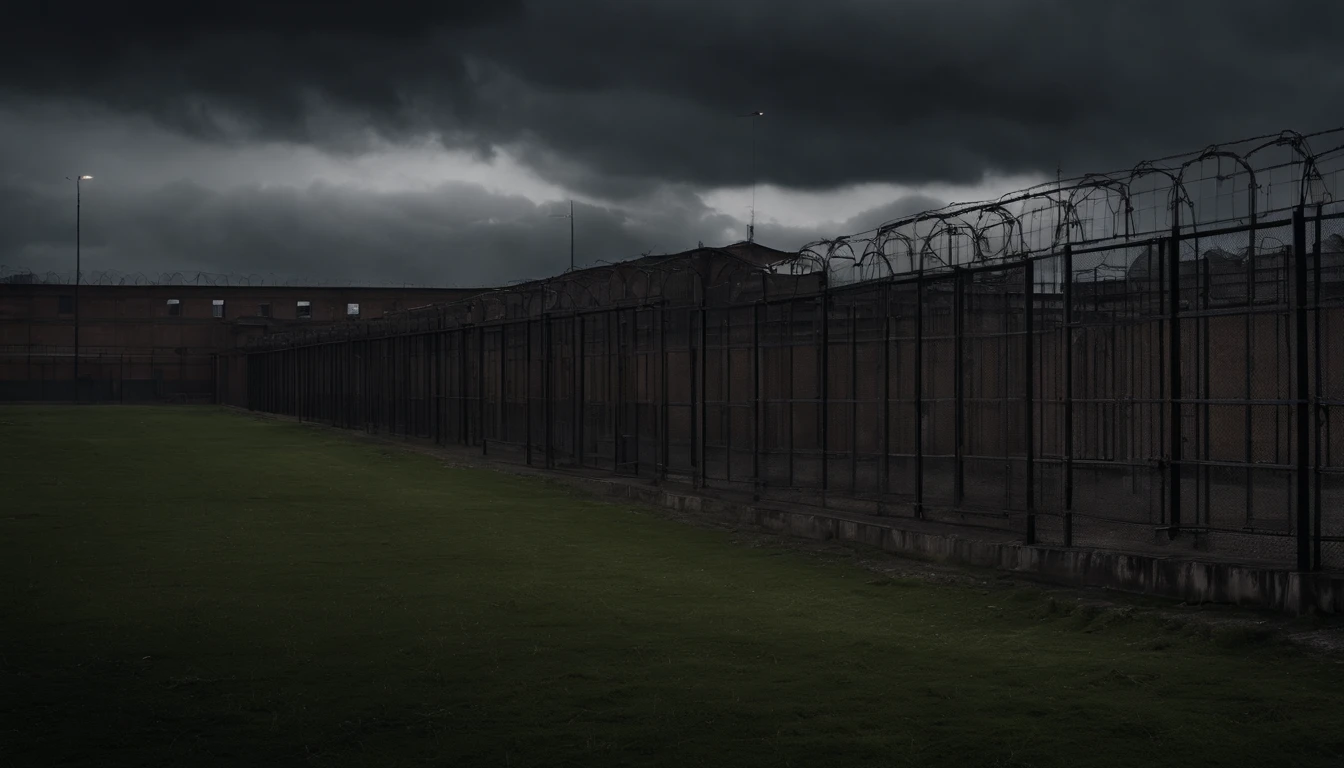 Cinematic scenery of a huge high-security prison, looming in the distance with towering concrete walls and barbed wire fences. The scene is set during a stormy night, with dark clouds and lightning flashes overhead, creating a sense of danger and tension. The prison is heavily guarded, with floodlights illuminating the surroundings and surveillance cameras scanning the area. The atmosphere is gritty and ominous, evoking a feeling of confinement and isolation. The style is inspired by dark and gritty films like "The Shawshank Redemption" and "Escape from Alcatraz." The details are intricate, with a focus on the architectural design of the prison, the gloomy lighting, and the contrasting textures of the surrounding environment. The shot is cinematic, utilizing various angles and perspectives to capture the scale and imposing nature of the prison. The image is high-definition, with rich colors and fine details, enhancing the realism and intensity of the scene. This cinematic scenery of a high-security prison is trending in the realm of visual storytelling and film aesthetics.