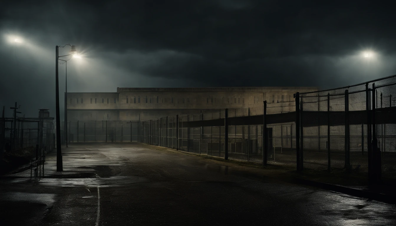 Cinematic scenery of a huge high-security prison, looming in the distance with towering concrete walls and barbed wire fences. The scene is set during a stormy night, with dark clouds and lightning flashes overhead, creating a sense of danger and tension. The prison is heavily guarded, with floodlights illuminating the surroundings and surveillance cameras scanning the area. The atmosphere is gritty and ominous, evoking a feeling of confinement and isolation. The style is inspired by dark and gritty films like "The Shawshank Redemption" and "Escape from Alcatraz." The details are intricate, with a focus on the architectural design of the prison, the gloomy lighting, and the contrasting textures of the surrounding environment. The shot is cinematic, utilizing various angles and perspectives to capture the scale and imposing nature of the prison. The image is high-definition, with rich colors and fine details, enhancing the realism and intensity of the scene. This cinematic scenery of a high-security prison is trending in the realm of visual storytelling and film aesthetics.