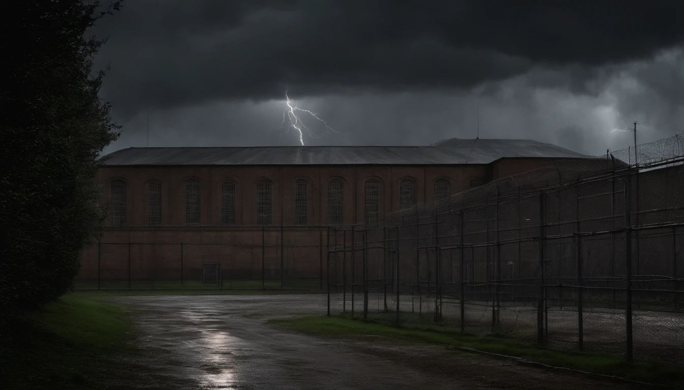Cinematic scenery of a huge high-security prison, looming in the distance with towering concrete walls and barbed wire fences. The scene is set during a stormy night, with dark clouds and lightning flashes overhead, creating a sense of danger and tension. The prison is heavily guarded, with floodlights illuminating the surroundings and surveillance cameras scanning the area. The atmosphere is gritty and ominous, evoking a feeling of confinement and isolation. The style is inspired by dark and gritty films like "The Shawshank Redemption" and "Escape from Alcatraz." The details are intricate, with a focus on the architectural design of the prison, the gloomy lighting, and the contrasting textures of the surrounding environment. The shot is cinematic, utilizing various angles and perspectives to capture the scale and imposing nature of the prison. The image is high-definition, with rich colors and fine details, enhancing the realism and intensity of the scene. This cinematic scenery of a high-security prison is trending in the realm of visual storytelling and film aesthetics.