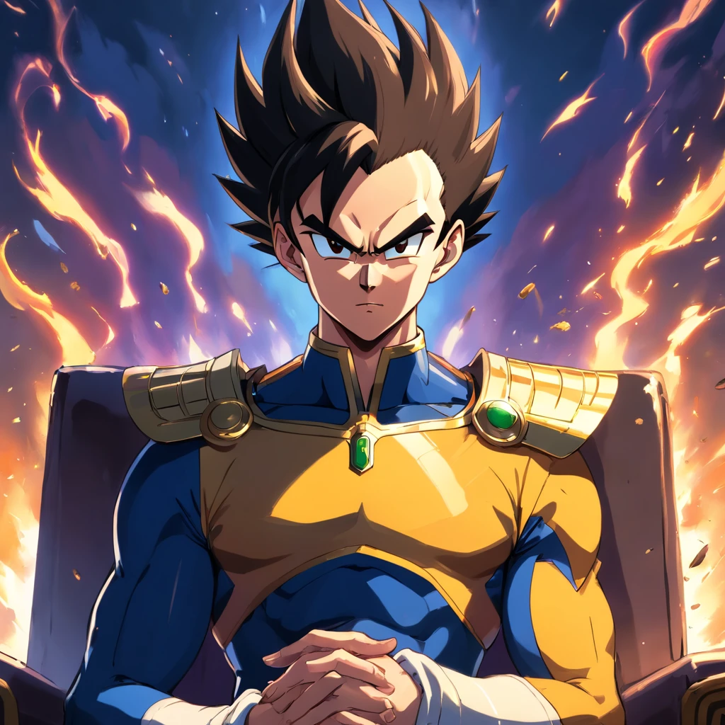 Vegeta em um terno preto, fumando um cigarro, sitting on a royal throne that highlights his power and influence, Macho, Dragon ball, anime
(best quality, 4k, Altas, ultra-detalhado), detailed facial features, intense expression, foco nítido, cores vibrantes, dramatic lighting, oil-painting, arte conceitual, estilo anime
