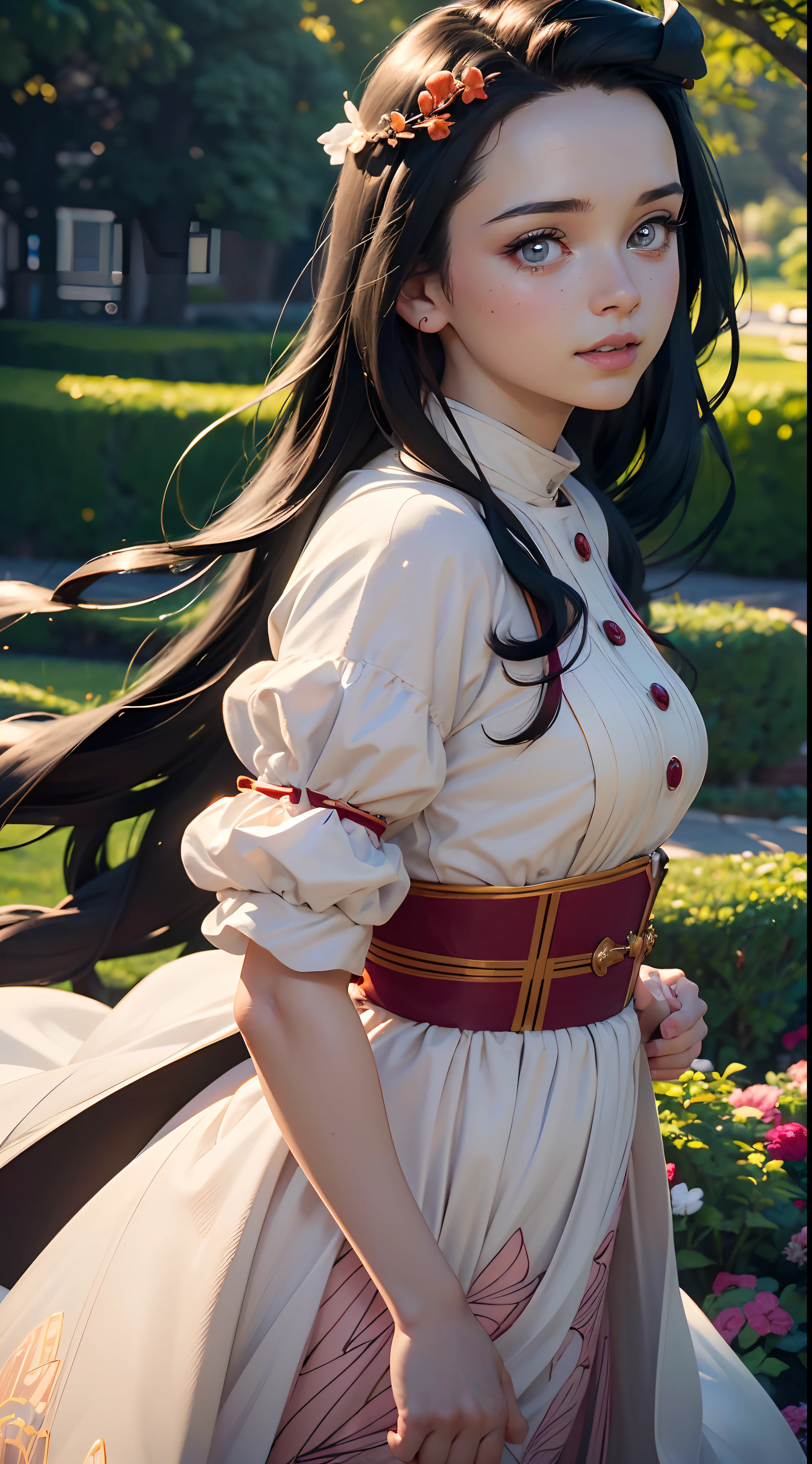 (best quality,4k,8k,highres,masterpiece:1.2),ultra-detailed,(realistic,photorealistic,photo-realistic:1.37),detailed eyes and face,beautiful detailed eyes,beautiful detailed lips,long eyelashes,1girl,Nezuko Kamado posing half-body,cute and adorable,garden background,soft lighting,vibrant colors,anime style