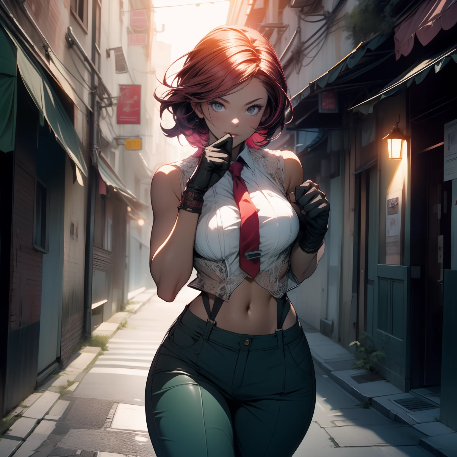 (((masterpiece))),  (((best quality))),  ((ultra-detailed)),  (illustration),  (detailed light), ((an extremely delicate and beautiful)), dramatic_shadow, ray_tracing, motion lines, looking at viewer, 1girl, solo, VanessaMS, Mature, large breasts, bare shoulders, white shirt, red necktie, dark green pants, black straps, black loafers, visible bellybutton, standing, boxing pose, empty street, alleyroad, FBI agent badge, gloves