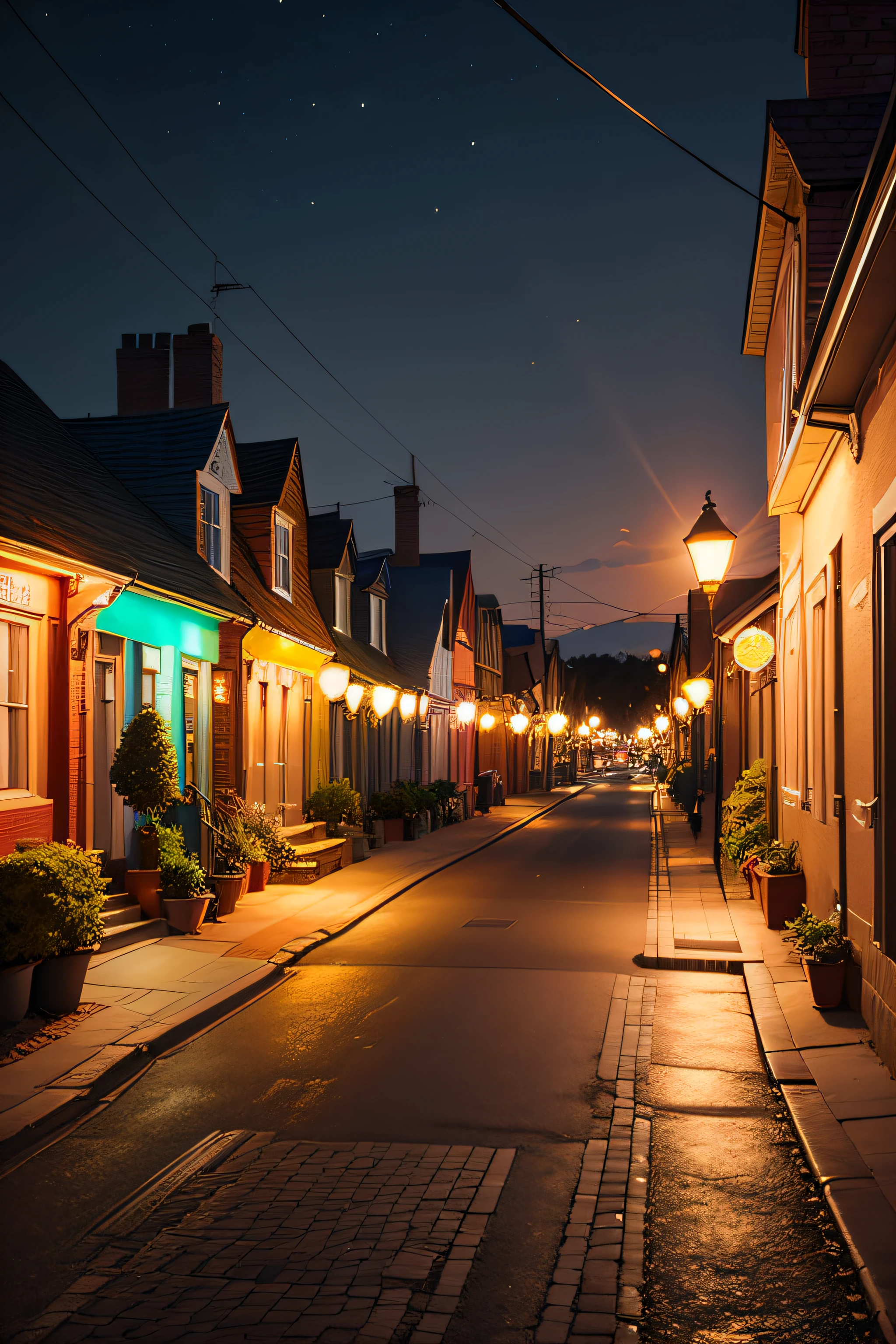 Create an image showcasing a charming small town at night, with its streets beautifully illuminated by a series of solar-powered streetlights. The warm, gentle glow should evoke a sense of eco-friendly lighting and community comfort.