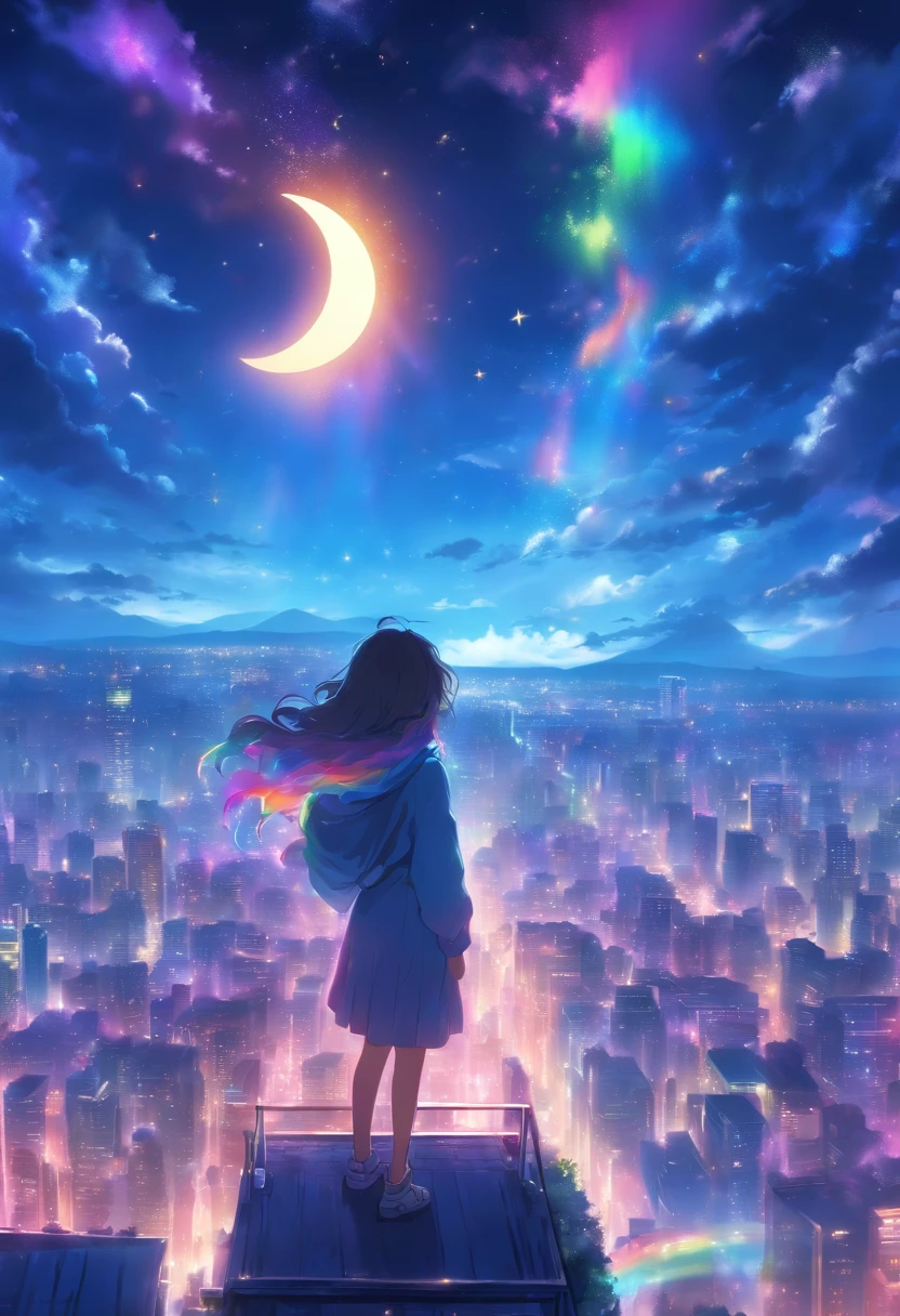 (best quality,4k,highres,masterpiece:1.2),ultra-detailed,(rainbow in the sky:1.2),realistic,anime girl standing on rooftop staring at night sky with stars and rainbow,rainbow starry night,anime-style art,beautiful detailed eyes,beautiful detailed lips,extremely detailed eyes and face,long eyelashes,vibrant colors,portraits,landscape,cityscape,huge full moon,quiet and calm atmosphere,majestic skyline with towering buildings,peaceful and serene feeling,detailed architecture silhouette,motionless and still air,soft gentle breeze,wispy clouds and fog,luminous starry sky,sparkling and shimmering stars,breathtaking star-filled backdrop,gorgeous vibrant rainbow,softly glowing rainbow colors,shooting stars streaking across the sky,crisp and clear view of night sky,gorgeous anime art wallpaper,ethereal and dreamlike setting,makoto shinkai cyril rolando-inspired illustration,immersive and captivating scene,mesmerizing anime girl with flowing hair,calm and content expression,city lights twinkling below,nighttime cityscape with glowing windows,tranquil and awe-inspiring rooftop view,peaceful and mesmerizing ambiance,reflective and contemplative moment,deep sense of tranquility and solitude,light pollution revealing distant rainbow,awe-inspiring beauty of the universe,heartwarming sense of wonder and awe.