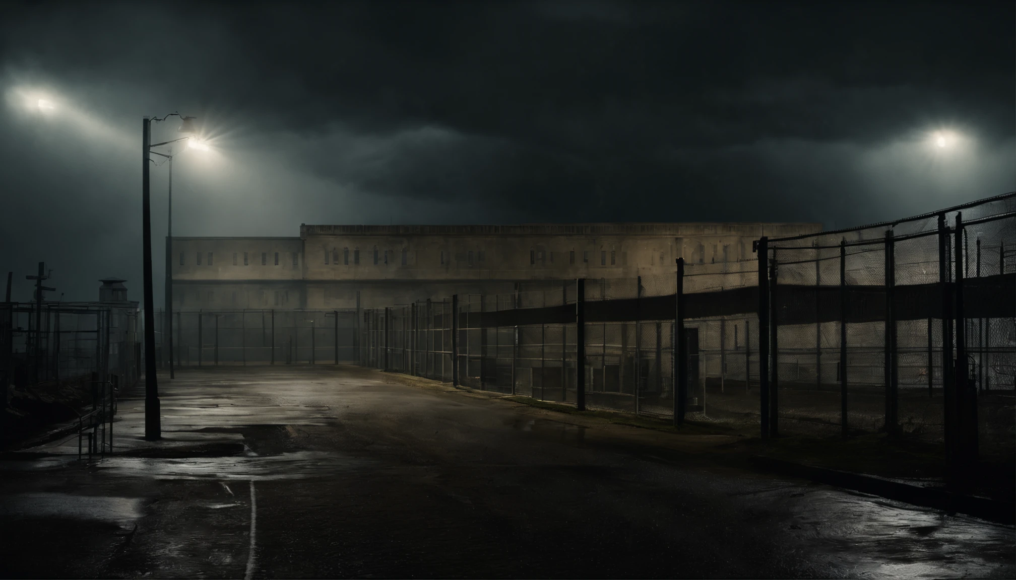 Cinematic scenery of a huge high-security prison, looming in the distance with towering concrete walls and barbed wire fences. The scene is set during a stormy night, with dark clouds and lightning flashes overhead, creating a sense of danger and tension. The prison is heavily guarded, with floodlights illuminating the surroundings and surveillance cameras scanning the area. The atmosphere is gritty and ominous, evoking a feeling of confinement and isolation. The style is inspired by dark and gritty films like "The Shawshank Redemption" and "Escape from Alcatraz." The details are intricate, with a focus on the architectural design of the prison, the gloomy lighting, and the contrasting textures of the surrounding environment. The shot is cinematic, utilizing various angles and perspectives to capture the scale and imposing nature of the prison. The image is high-definition, with rich colors and fine details, enhancing the realism and intensity of the scene. This cinematic scenery of a high-security prison is trending in the realm of visual storytelling and film aesthetics.