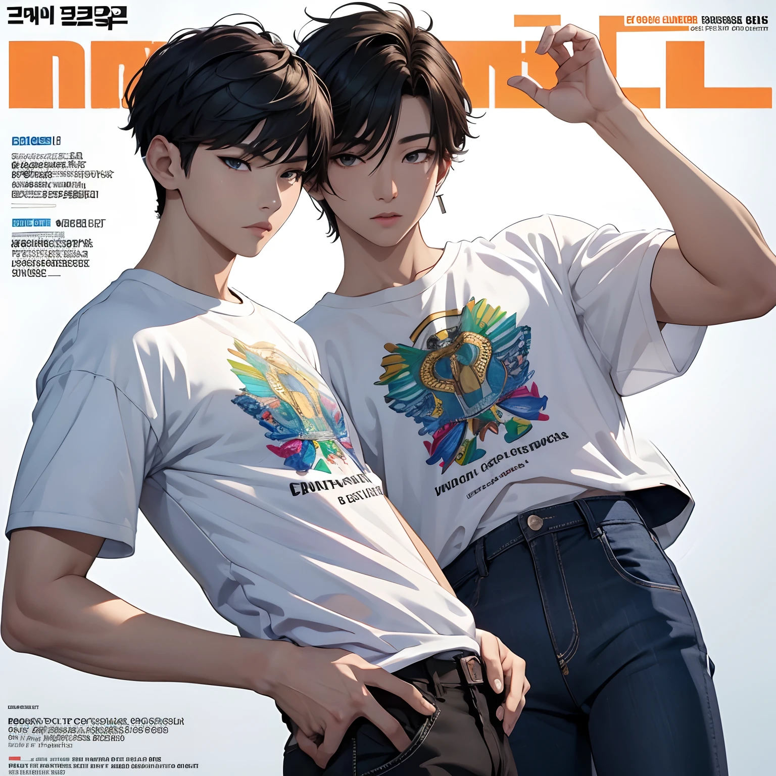 masterpiece, top quality, intricate detail, magazine front page, Korean men's health magazine, Magazine's Title with orange color font, halloween issue, a young handsome boy with short pants, T shirt, tall muscle, ((abs)), Kpop idol, looking at camera, beautiful face, white background, fashion model, Kpop boy's group member, fashionable damage short pants, ikemen