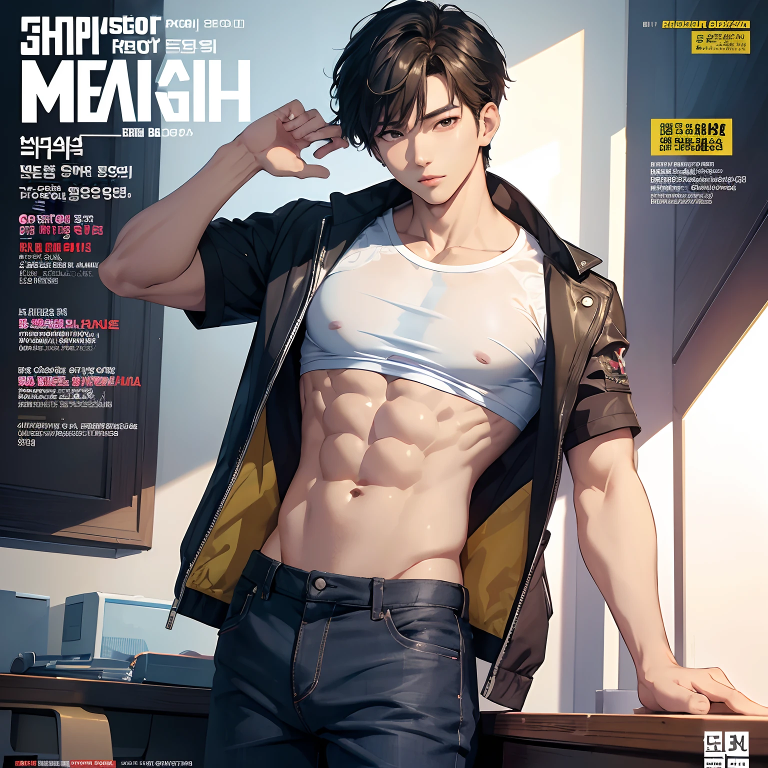 masterpiece, top quality, intricate detail, magazine front page, Korean men's health magazine, Magazine's Title with rainbow color font, a young handsome boy with short pants, T shirt, tall muscle, ((abs)), Kpop idol, looking at camera, beautiful face, white background, fashion model, Kpop boy's group member, fashionable damage short pants, solo