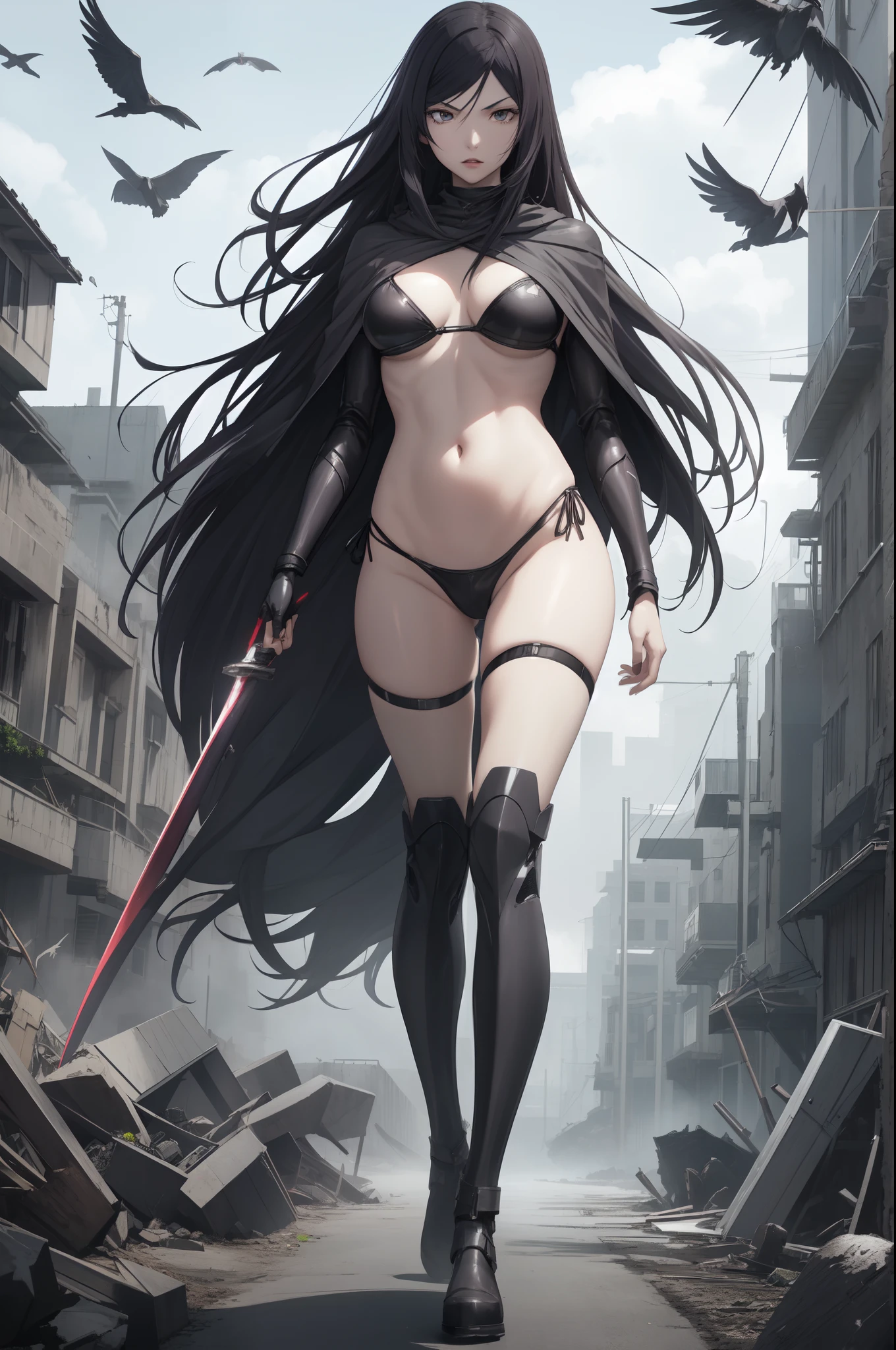 kurihara Mari from prison school, black long hair, perfect grey eyes, full body view, (wearing robotics bikini Armour, cape), walking and holding a big sword on the destroyed futuristic city, cinematic shadow, cinematic fog, crows in the sky.