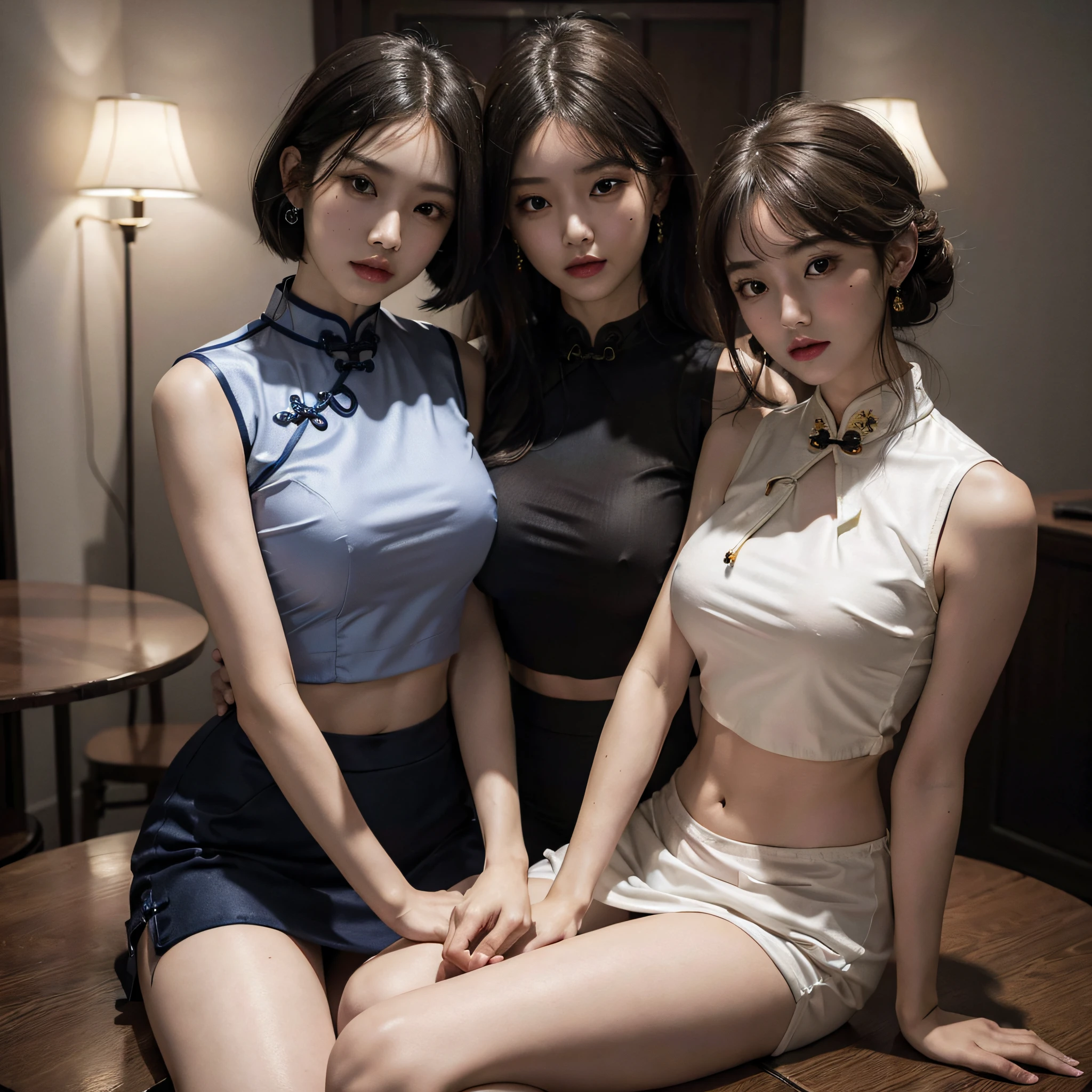 absurdres, RAW photo, extremely delicate and beautiful, masterpiece, Best Quality, ultra high resolution, 16k, hyperrealistic, ultra-detailed, Very detailed CG 8k wallpaper, Beautiful Lighting, Perfect Lightning, Realistic Shadows, perfect anatomy, super Detailed skin, perfect figure, Japanese woman, late 20s, very Slim body, narrow waist, very small head, handsome detailed woman, very detailed eyes and face, realistic face proportions, Stunning detailed eyes, Realistic beautiful face, very small face, Realistic small beautiful eyes, double eyelids, tearful mole, mole on chest, earring, beautiful and very thin legs, beautiful and very thin thighs, (((very huge round breasts))), (full body shot), (short hair), (wavy hair), (((cheongsam))), (((midriff peek))), (((sleeveless))), (((((2 girls))))), (bare arms), (bare legs),
