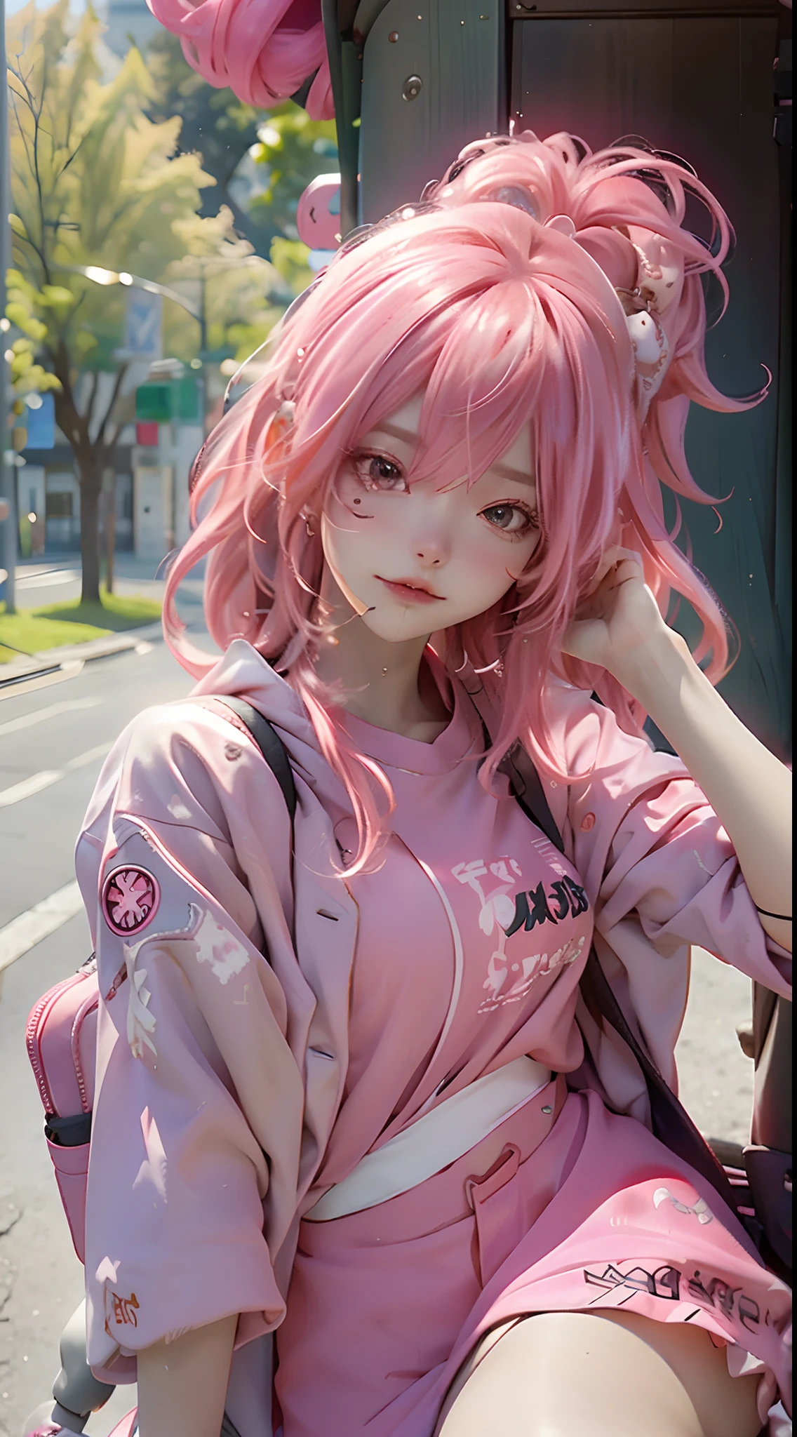Best Quality, Masterpiece, 8k, RAW, Pink Silk young Cat Ear Girl, Cute, Shy, pink long hair, playful, soft light, pink Cyber Clothing,(Full-body portrait), (Particles:1.2), City Background