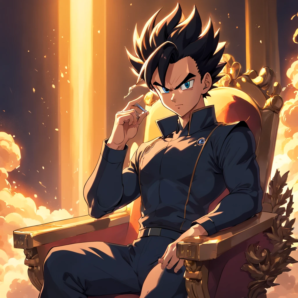Vegeta em um ((terno preto)), fumando um cigarro, sitting on a royal throne that highlights his power and influence, macho, Dragon ball, anime
(best quality, 4k, Alto, ultra-detalhado), detailed facial features, intense expression, foco nítido, cores vibrantes, dramatic lighting, oil-painting, arte conceitual, Estilo anime