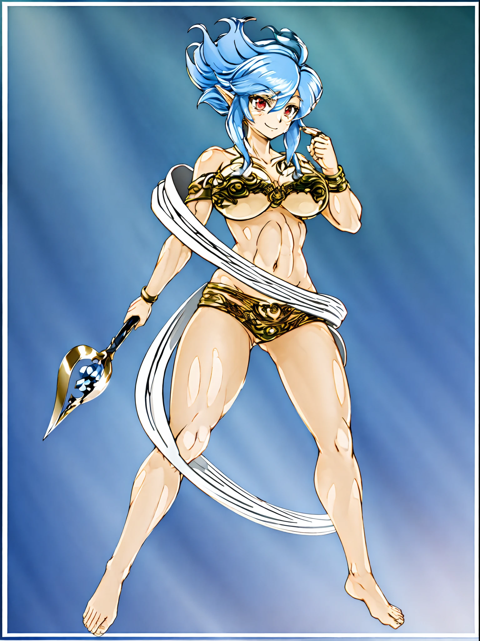 arafed image of a female character with a sword and a cape, skinny female fantasy alchemist, fey, complex fantasy character, cory chase as an atlantean, silvery skinned male elf, sexy pudica pose gesture, lady palutena, sfw version, pixiv contest winner, fantasy character, blue-skinned elf, fus rei, palutena, smile, red eyes, full body, blue hair, thick eyelashes, tomboy