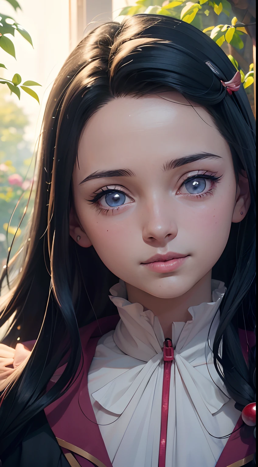 (best quality,4k,8k,highres,masterpiece:1.2),ultra-detailed,(realistic,photorealistic,photo-realistic:1.37),detailed eyes and face,beautiful detailed eyes,beautiful detailed lips,long eyelashes,1girl,Nezuko Kamado posing half-body,cute and adorable,garden background,soft lighting,vibrant colors,anime style