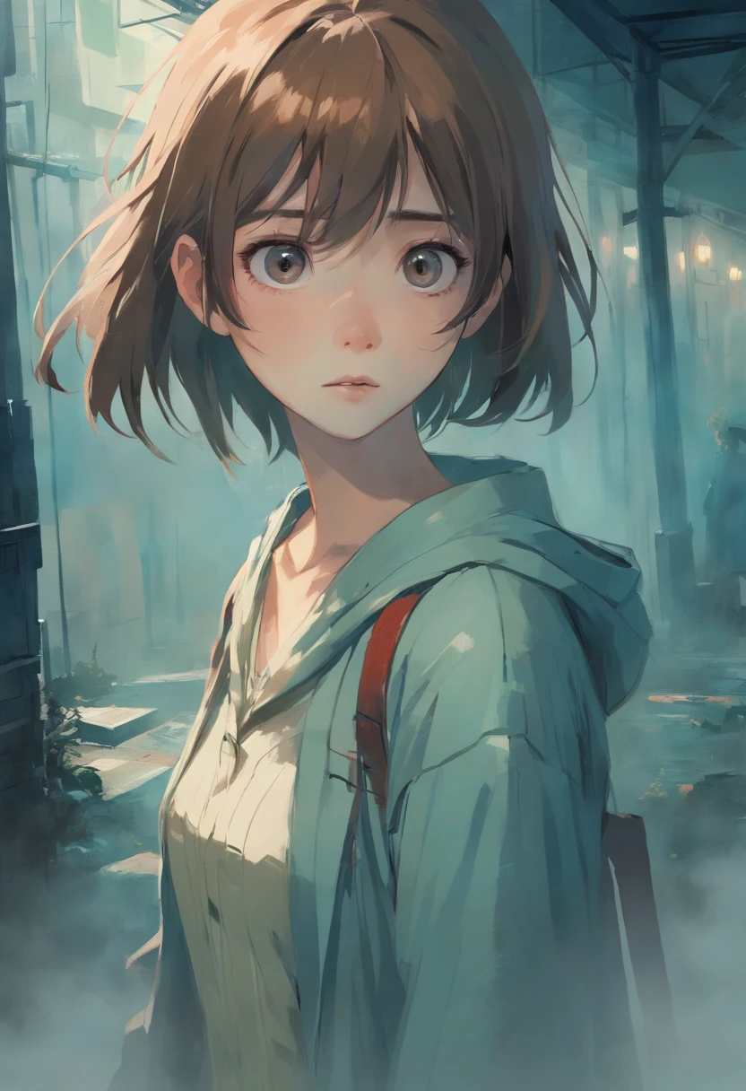 Portrait of a scared girl. Silent Hill. Fog. In the style of Adrian Ghenie, surrealism, Takato Yamamoto, Tim Burton. Guweiz. Pixiv. Aquarelle. Corpse Bride.