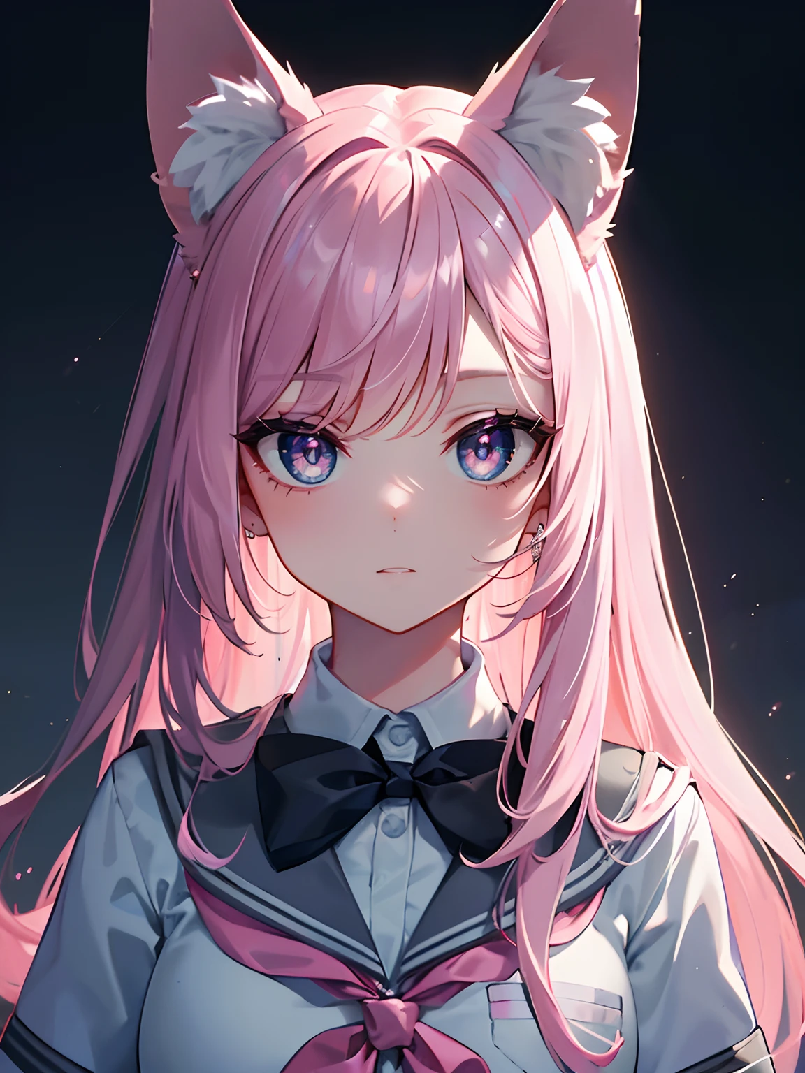 Beautiful anime girl, long pink hair, messy hair, long hair, purple eyes, fox ears, long bangs, fox tail, beautiful, ethereal, fair skin, (school uniform: 1.2), ultra detailed. score_9, score_8_above, score_7_above, looking at viewer, posing. +((☺️)) slight blush. Cute