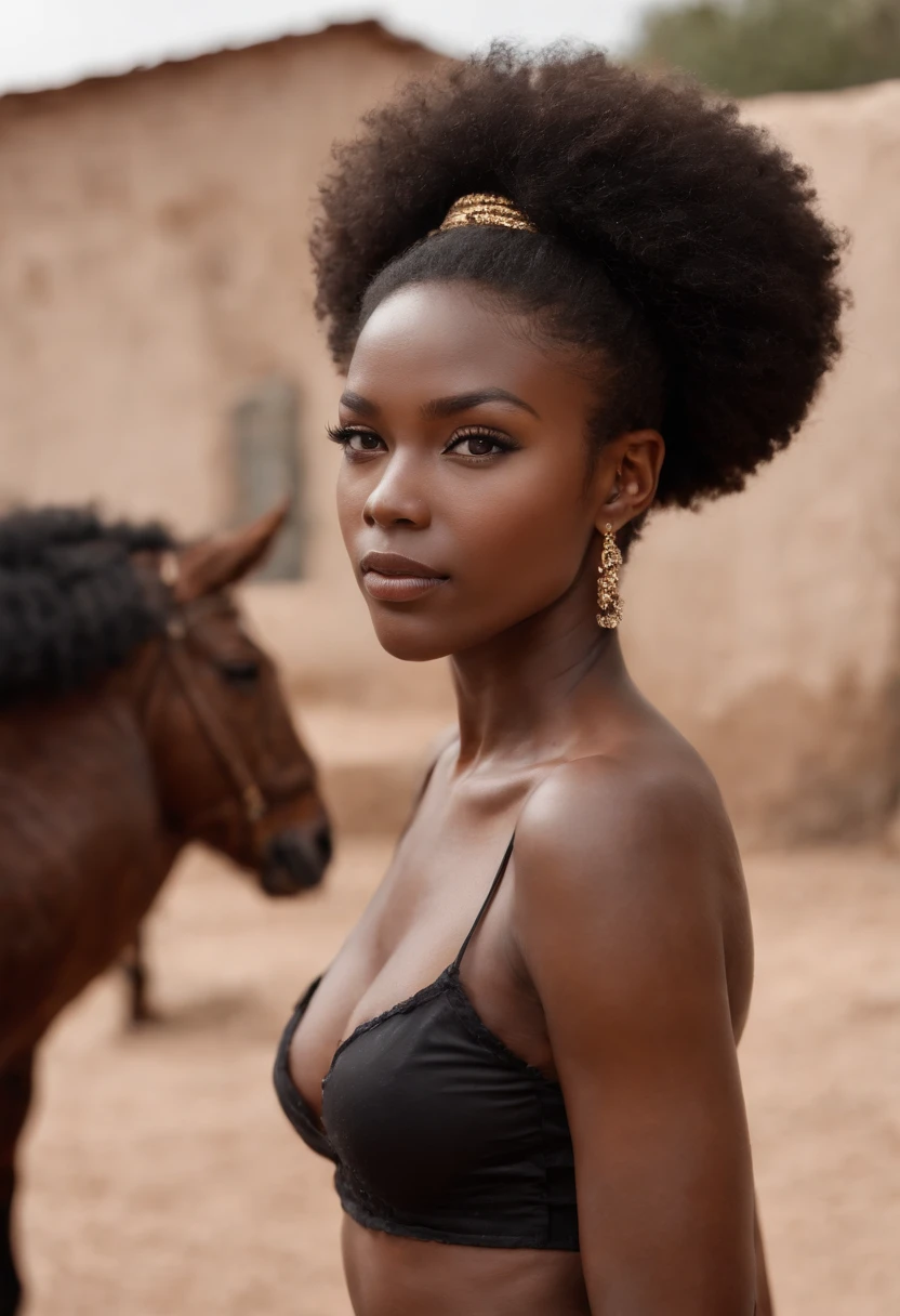 ((Piel oscura africana, very deep ebony skin)), ((Su belleza es innegable)), ((linda cara emocionada)), ((Ojos perfectos hiper detallados,)), ((Linda pose)), ((lengua fuera)), ((Seductor )), sexy, (( Camisa de punto ajustado, pantalones cortos sexys)), ((Afro largo africano pelo rizado afro cola de caballo,)), (( Piel)), ((En pie, Front view)), ((Tocarse las piernas en una pose sexy)), ((Al aire libre, Public city)), Sharply focused CGI, fotorrealista, High detail, realista, Pieza maestra, absurdos, La mejor calidad, HDR, Alta calidad, Hi-Def, extremadamente detallado, Fondo de pantalla de 8k, Detalles intrincados, 8k UHD, Full HD, (foto realista:1.2), contraste, rough lighting, cinematic lighting, natural lighting, Luz dura, Contre-Jour, global ilumination, ambient-occlusion