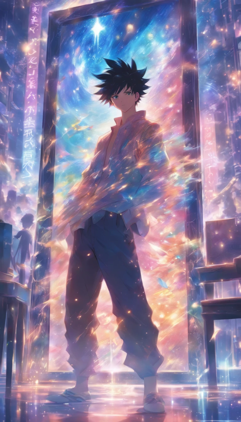 /imagine prompt: A young man standing in front of a mirror, holding a magic wand, with a system interface displaying options for hidden skills. He exudes a mysterious aura, and the surrounding environment looks very ordinary. ,32k, best quality, masterpiece, super detail, high details, by Makoto Shinkai ,in the style of the stars art group xing xing, --niji 5"