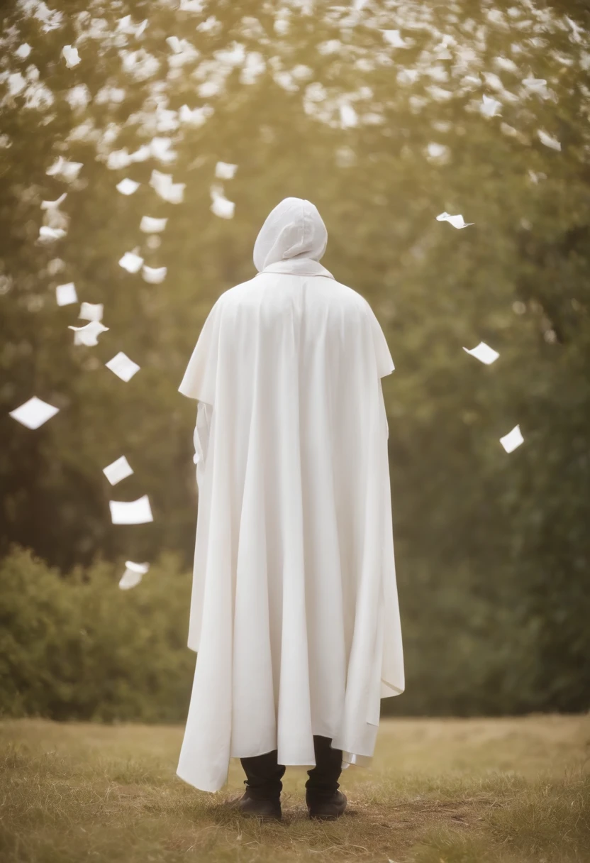 A man , dressed in white cloak , standing in a white ground and the sky is white , nothing is there , he is looking up at the sky where a lot of Books are flying through the sky , swirling around the person , back view , wide shot , high camera angel