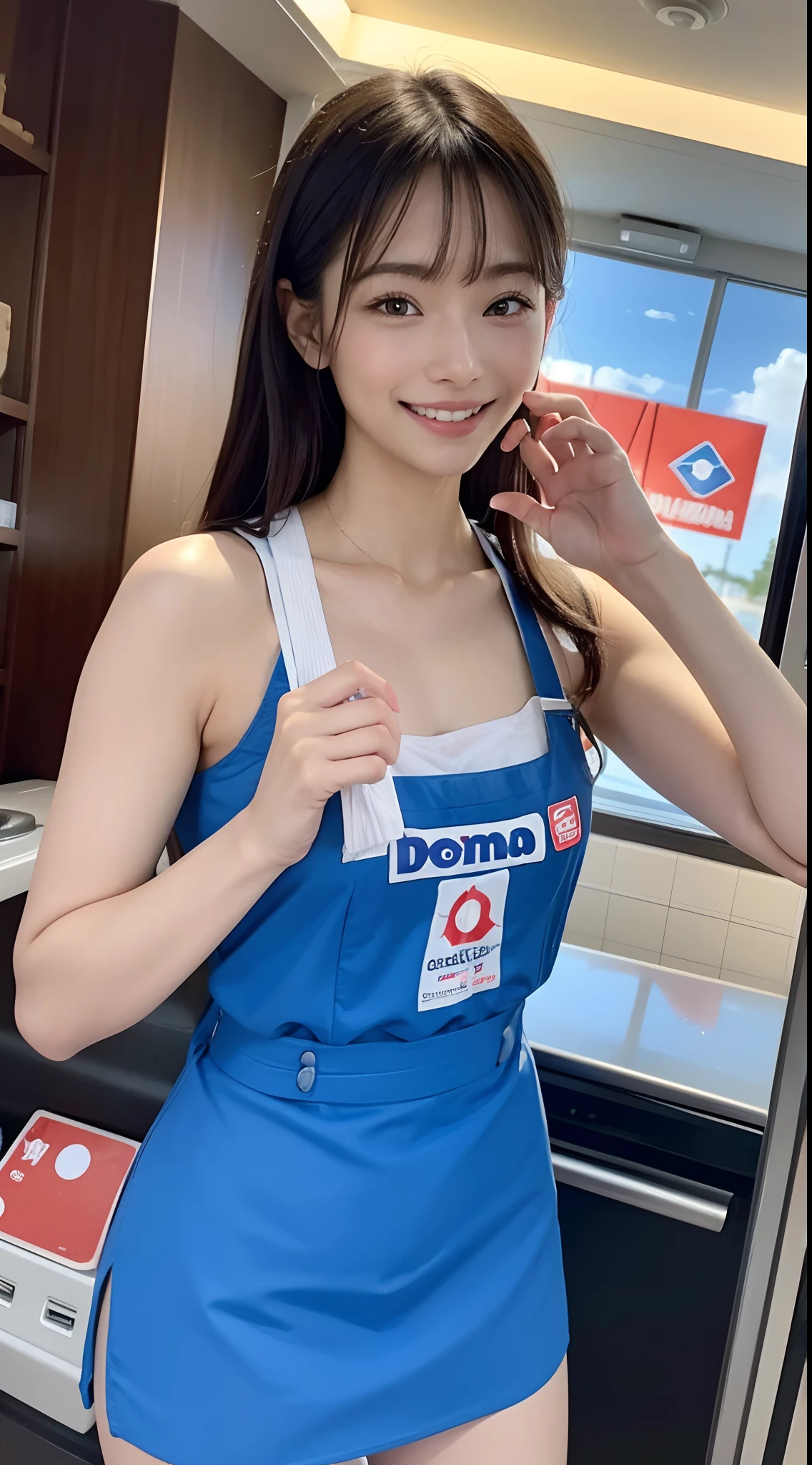 {8K Photo Quality:1.2}、{Ultra-high resolution photo quality:1.2}、{Super Real 1.2}、{Perfect limbs}、{japanes}、masutepiece、NSFW、1womanl、Wearing a Domino's Pizza uniform、Serving customers with a smile