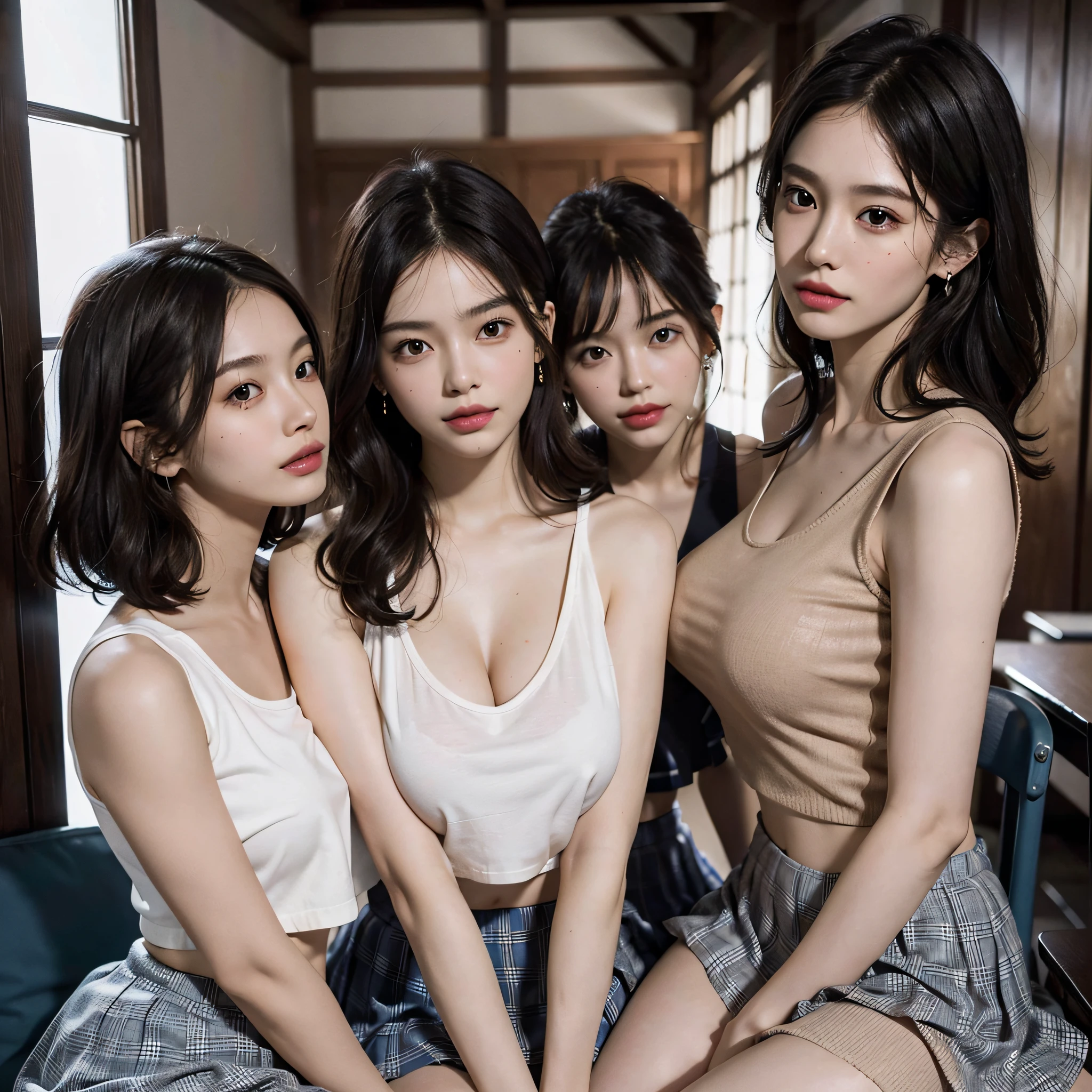 absurdres, RAW photo, extremely delicate and beautiful, masterpiece, Best Quality, ultra high resolution, 16k, hyperrealistic, ultra-detailed, Very detailed CG 8k wallpaper, Beautiful Lighting, Perfect Lightning, Realistic Shadows, perfect anatomy, super Detailed skin, perfect figure, Japanese woman, late 20s, very Slim body, narrow waist, very small head, handsome detailed woman, very detailed eyes and face, realistic face proportions, Stunning detailed eyes, Realistic beautiful face, very small face, Realistic small beautiful eyes, double eyelids, makeup, tearful mole, mole on chest, earring, bare legs, beautiful and very thin legs, beautiful and very thin thighs, (very huge round breasts:1.3), short hair, wavy hair, sweat, (full body shot), sleeveless, bare arms, bare legs, tight-fitting, midriff peek, cleavage, Fine Collarbone, (3 girls:1.5), (school uniform:1.3), outdoor,
