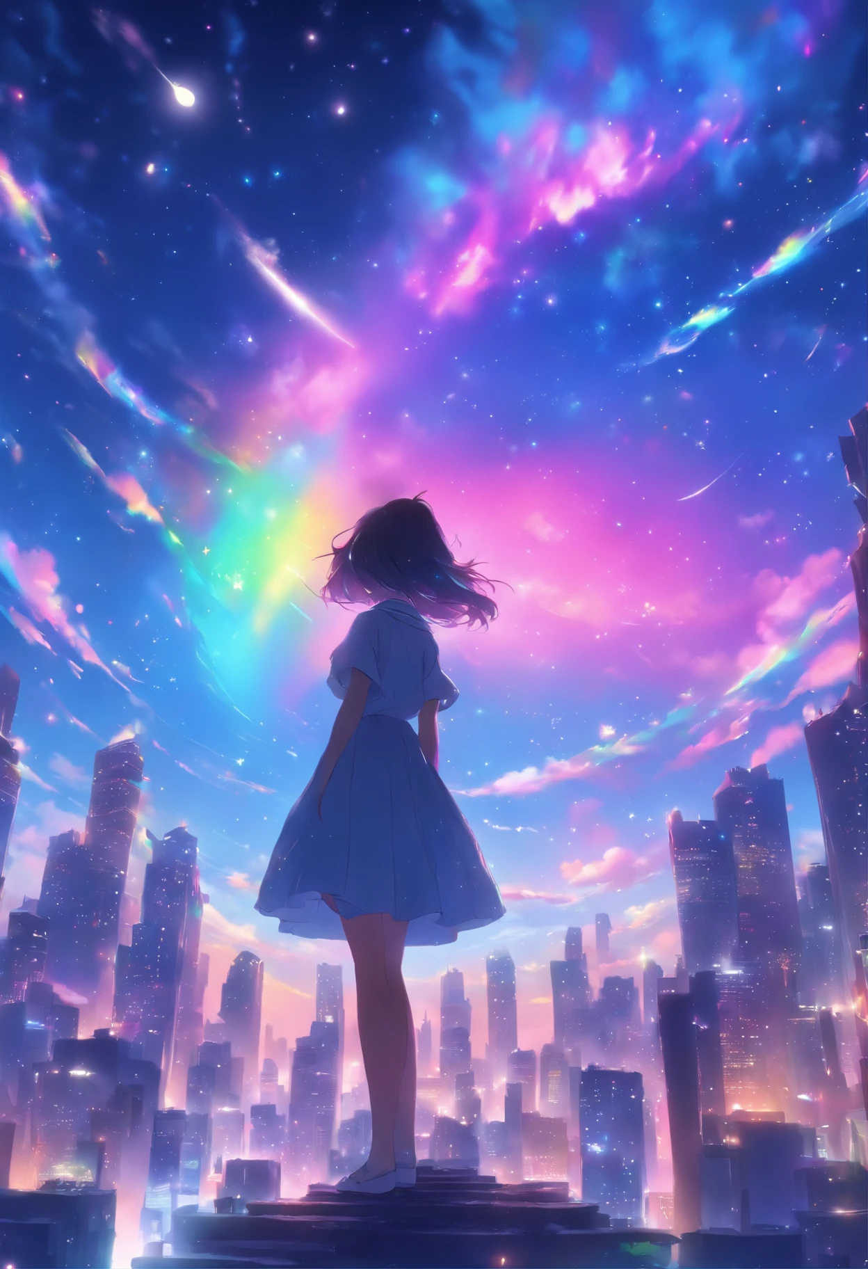 (best quality,4k,highres,masterpiece:1.2),ultra-detailed,(rainbow in the sky:1.2),realistic,anime girl standing on rooftop staring at night sky with stars and rainbow,rainbow starry night,anime-style art,beautiful detailed eyes,beautiful detailed lips,extremely detailed eyes and face,long eyelashes,vibrant colors,portraits,landscape,cityscape,huge full moon,quiet and calm atmosphere,majestic skyline with towering buildings,peaceful and serene feeling,detailed architecture silhouette,motionless and still air,soft gentle breeze,wispy clouds and fog,luminous starry sky,sparkling and shimmering stars,breathtaking star-filled backdrop,gorgeous vibrant rainbow,softly glowing rainbow colors,shooting stars streaking across the sky,crisp and clear view of night sky,gorgeous anime art wallpaper,ethereal and dreamlike setting,makoto shinkai cyril rolando-inspired illustration,immersive and captivating scene,mesmerizing anime girl with flowing hair,calm and content expression,city lights twinkling below,nighttime cityscape with glowing windows,tranquil and awe-inspiring rooftop view,peaceful and mesmerizing ambiance,reflective and contemplative moment,deep sense of tranquility and solitude,light pollution revealing distant rainbow,awe-inspiring beauty of the universe,heartwarming sense of wonder and awe.