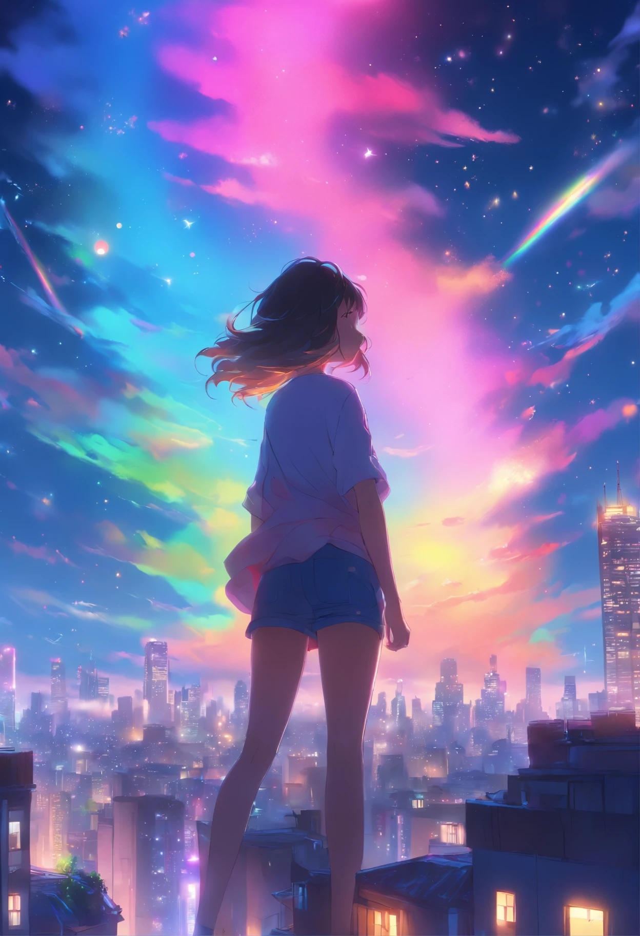 (best quality,4k,highres,masterpiece:1.2),ultra-detailed,(rainbow in the sky:1.2),realistic,anime girl standing on rooftop staring at night sky with stars and rainbow,rainbow starry night,anime-style art,beautiful detailed eyes,beautiful detailed lips,extremely detailed eyes and face,long eyelashes,vibrant colors,portraits,landscape,cityscape,huge full moon,quiet and calm atmosphere,majestic skyline with towering buildings,peaceful and serene feeling,detailed architecture silhouette,motionless and still air,soft gentle breeze,wispy clouds and fog,luminous starry sky,sparkling and shimmering stars,breathtaking star-filled backdrop,gorgeous vibrant rainbow,softly glowing rainbow colors,shooting stars streaking across the sky,crisp and clear view of night sky,gorgeous anime art wallpaper,ethereal and dreamlike setting,makoto shinkai cyril rolando-inspired illustration,immersive and captivating scene,mesmerizing anime girl with flowing hair,calm and content expression,city lights twinkling below,nighttime cityscape with glowing windows,tranquil and awe-inspiring rooftop view,peaceful and mesmerizing ambiance,reflective and contemplative moment,deep sense of tranquility and solitude,light pollution revealing distant rainbow,awe-inspiring beauty of the universe,heartwarming sense of wonder and awe.