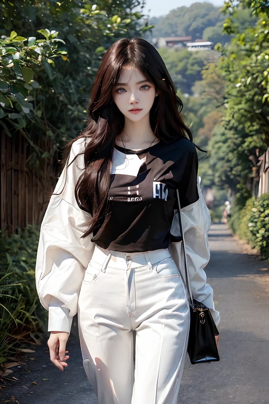 ((4K works))、​masterpiece、(top-quality)、1 beutiful girl、Slim body、tall、((Attractive streetwear and black bag in black Y-shirt and white pants))、(Detailed beautiful eyes)、morning、On the way to work、((Face similar to Carly Rae Jepsen))、((Long boyish red hair))、((Smaller face))、((Neutral face))、((Bright blue eyes))、((American adult women))、((Adult female 26 years old))、((cool lady))、((Like a celebrity))、((Smiling expression))、((Korean Makeup))、((elongated and sharp eyes))、((Happy dating))、((boyish))、((She is walking in a secluded place))、((She is walking in front of the viewer))、Professional Photos