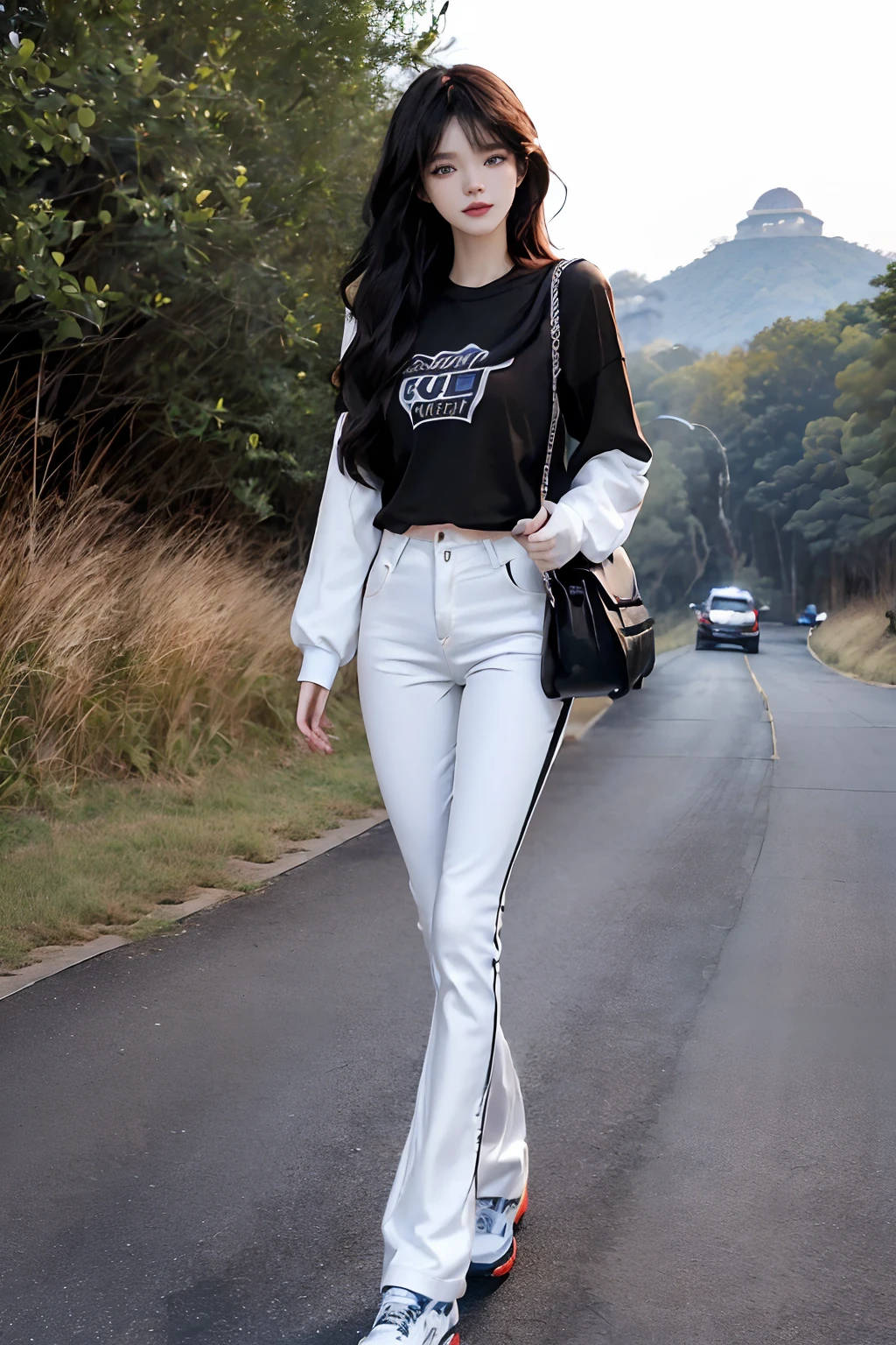 ((4K works))、masterpiece、(top-quality)、1 beutiful girl、Slim body、tall、((Attractive streetwear and black bag in black Y-shirt and white pants))、(Detailed beautiful eyes)、morning、On the way to work、((Face similar to Carly Rae Jepsen))、((Long boyish red hair))、((Smaller face))、((Neutral face))、((Bright blue eyes))、((American adult women))、((Adult female 26 years old))、((cool lady))、((Like a celebrity))、((Smiling expression))、((Korean Makeup))、((elongated and sharp eyes))、((Happy dating))、((boyish))、((She is walking in a secluded place))、((She is walking in front of the viewer))、Professional Photos