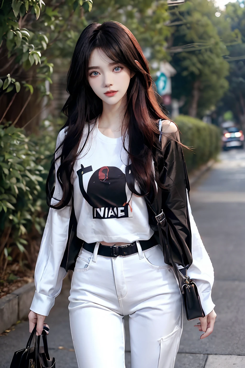 ((4K works))、masterpiece、(top-quality)、1 beutiful girl、Slim body、tall、((Attractive streetwear and black bag in black Y-shirt and white pants))、(Detailed beautiful eyes)、morning、On the way to work、((Face similar to Carly Rae Jepsen))、((Long boyish red hair))、((Smaller face))、((Neutral face))、((Bright blue eyes))、((American adult women))、((Adult female 26 years old))、((cool lady))、((Like a celebrity))、((Smiling expression))、((Korean Makeup))、((elongated and sharp eyes))、((Happy dating))、((boyish))、((She is walking in a secluded place))、((She is walking in front of the viewer))、Professional Photos