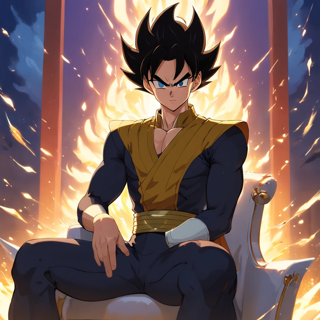 Vegeta em um ((Terno Preto)), fumando um cigarro, sitting on a royal throne that highlights his power and influence, macho, Dragon ball,
(best quality, 4k, alto, ultra-detalhado), detailed facial features, intense expression, foco nítido, cores vibrantes, dramatic lighting, oil-painting, arte conceitual, Estilo anime