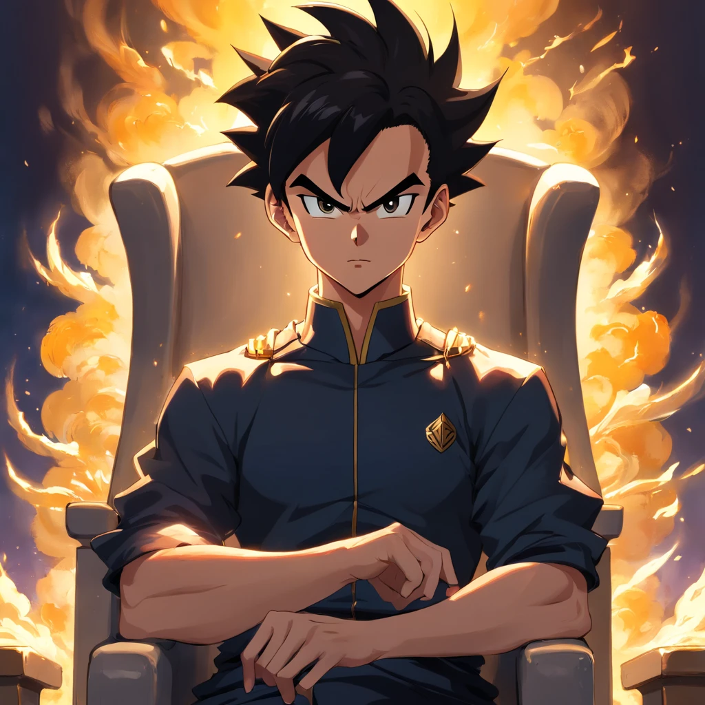 Vegeta em um ((Terno Preto)), fumando um cigarro, sitting on a royal throne that highlights his power and influence, macho, Dragon ball,
(best quality, 4k, alto, ultra-detalhado), detailed facial features, intense expression, foco nítido, cores vibrantes, dramatic lighting, oil-painting, arte conceitual, Estilo anime