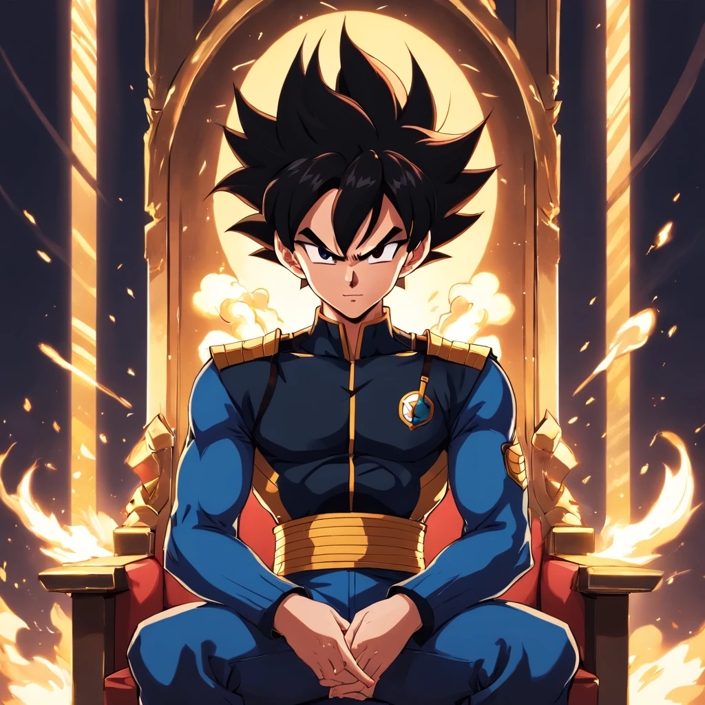 Vegeta em um ((Terno Preto)), fumando um cigarro, sitting on a royal throne that highlights his power and influence, macho, Dragon ball,
(best quality, 4k, alto, ultra-detalhado), detailed facial features, intense expression, foco nítido, cores vibrantes, dramatic lighting, oil-painting, arte conceitual, Estilo anime
