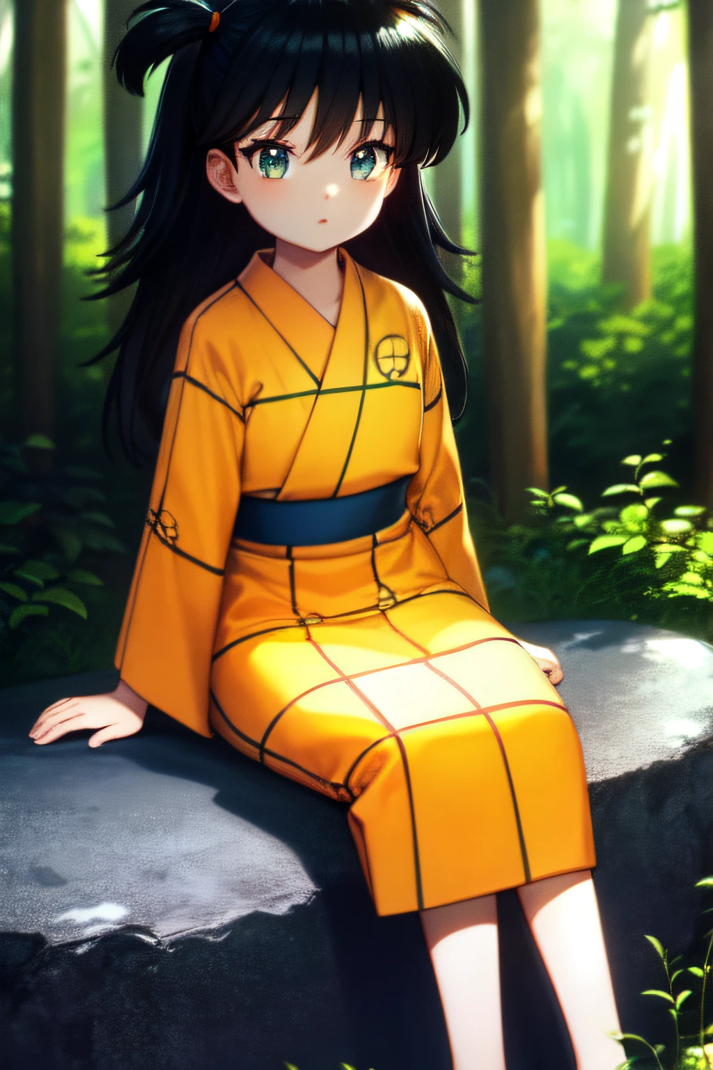 (masterpiece, best quality, extremely detailed CG, beautiful detailed eyes, ultra-detailed, intricate details:1.2), 8k wallpaper, elaborate features, glistening shiny, glowing light, ray tracing, HDR, deph of field, (perfect face, detailed face, detailed eyes), beautiful lips, 8k, HD, perfect lighting, glowing eyes, ((looking at viewer)), ((beautiful detailed eyelashes)),cowboy shot, solo:1.4, (sitting, wariza), (( outdoors)), female child, ((full body)),
1girl, RinIY, rin (inuyasha), petite girl, brown eyes, black hair, long hair, spiked bangs, spiked hair, layered hair, japanese clothes, orange kimono, checkered kimono, long sleeves, wide sleeves, green obi, side up