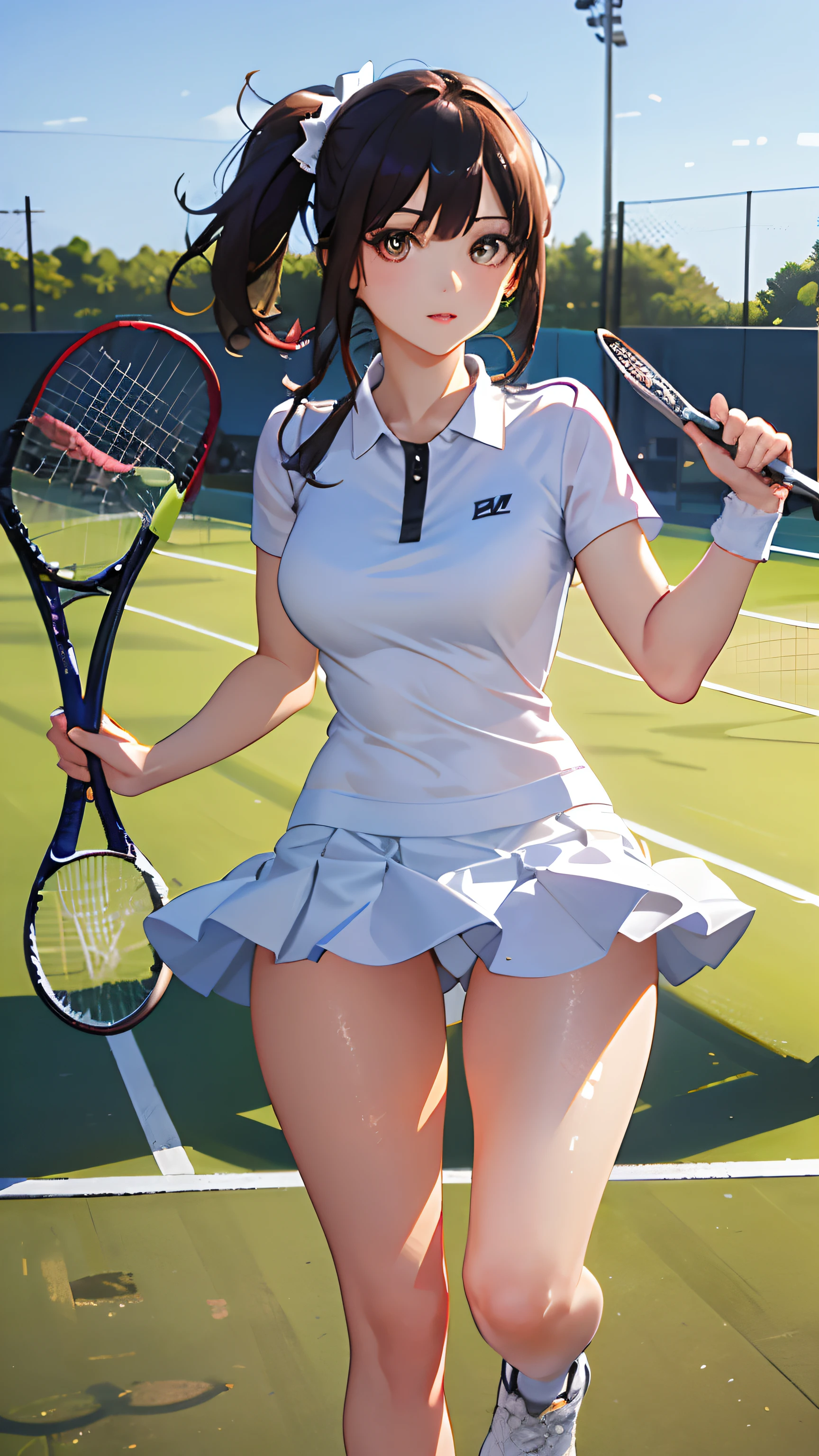 1girl in, 独奏, Tennis Wear、White mini skirt, Pleated skirt、White undercoat、White polo shirt、White sneakers、masterpaintings, best qualtiy, Photorealsitic, ultra-detailliert, (shiny skins, perspired:1.4), Preposterous, looking at the spectator, With short black hair, Brown-eyed,slender,dynamic light and shadow,hight resolution,Sharp Focus,depth of view,The eyes are delicate,Sharp pupils,pupil realistic,(skinny thigh:1.0),tennis coat,Skysky