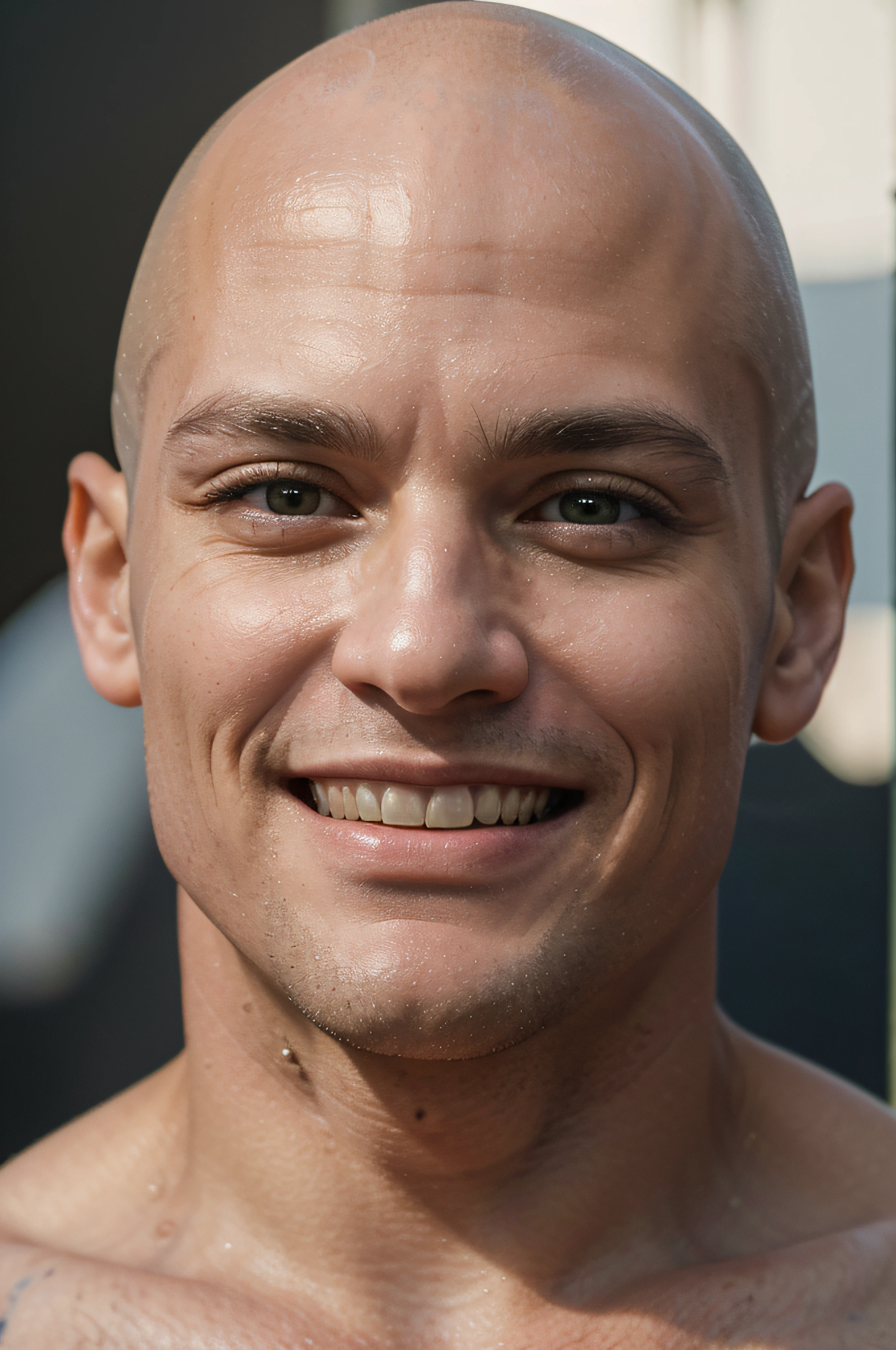 (best quality,4k,8k,highres,masterpiece:1.2),ultra-detailed,(realistic,photorealistic,photo-realistic:1.37),muscular,yellow-eyed,bald man,the Rock,smiling,blue transcendent,photographic.