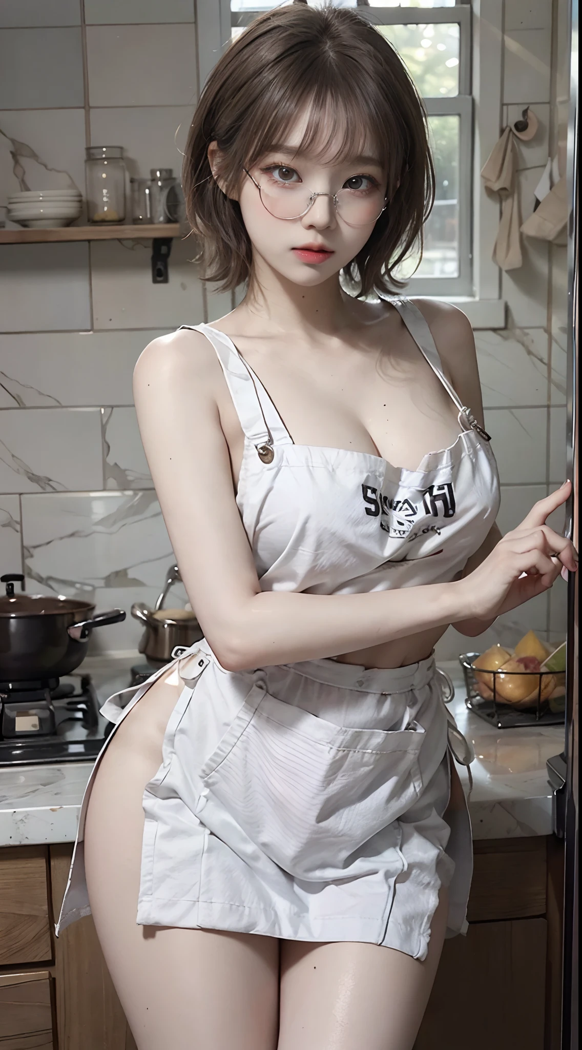 Top image quality、Raw photography、超A high resolution、18-year-old Korean、Glasses beauty、Colossal tits:1.5、cleavage of the breast:1.5、Healthy complexion、shiny white skin、(short cut hair)、((Light brown silver hair))、Beautiful eyes with random colors、very thin lips、beautiful eyes finely detailed、elongated eyes、pale pink blush、long eyeslashes、Beautiful double eyelids、eyeshadows、耳Nipple Ring、Beautiful skin、Healthy skin、(Fashionable glasses、Wearing _kitchin_Apron、Broken white micro apron、Bare small apron、protruding outer chest,,,,,,、Beautiful legs、Attractive thighs)、(slightly thicker thighs、Sit in the kitchen)