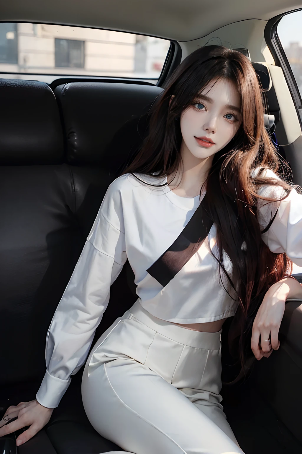 ((4K works))、​masterpiece、(top-quality)、1 beutiful girl、Slim body、tall、((Black Y-shirt and white pants、Attractive streetwear and black bags))、(Detailed beautiful eyes)、morning、On the way to work、((Face similar to Carly Rae Jepsen))、((Long boyish red hair))、((Smaller face))、((Neutral face))、((Bright blue eyes))、((American adult women))、((Adult female 26 years old))、((cool lady))、((Like a celebrity))、((Smiling expression))、((Korean Makeup))、((elongated and sharp eyes))、((Happy dating))、((boyish))、((She is sitting in the back seat of the car))、Professional Photos、((Selfie in the car))