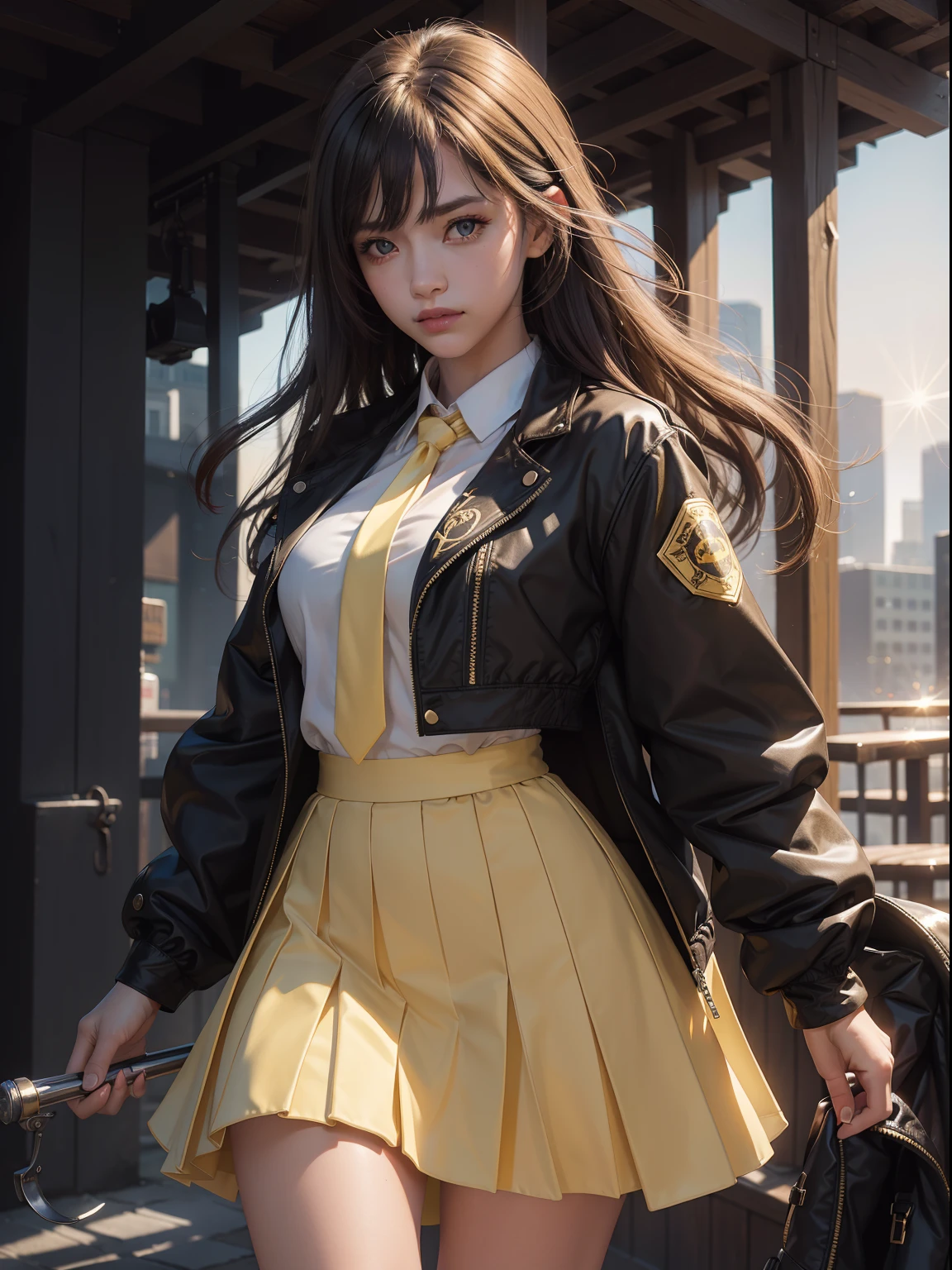 ((nsfw)),1girl, intricate detail, masterpiece, best quality, extremly detailed,cinematic lighting, beautiful detailed glow, finely detailed beautiful face and eyes, 8k, dark intense shadows, yellow eyes, medium hair, black hair, bangs, floating hair, black jacket, open jacket, white shirt, expressionless, yellow necktie, black skirt, spotlight, sunshine, sunrise, gradient sky, city, lens flare, cowboy shot, [[curvy]], [mature female]