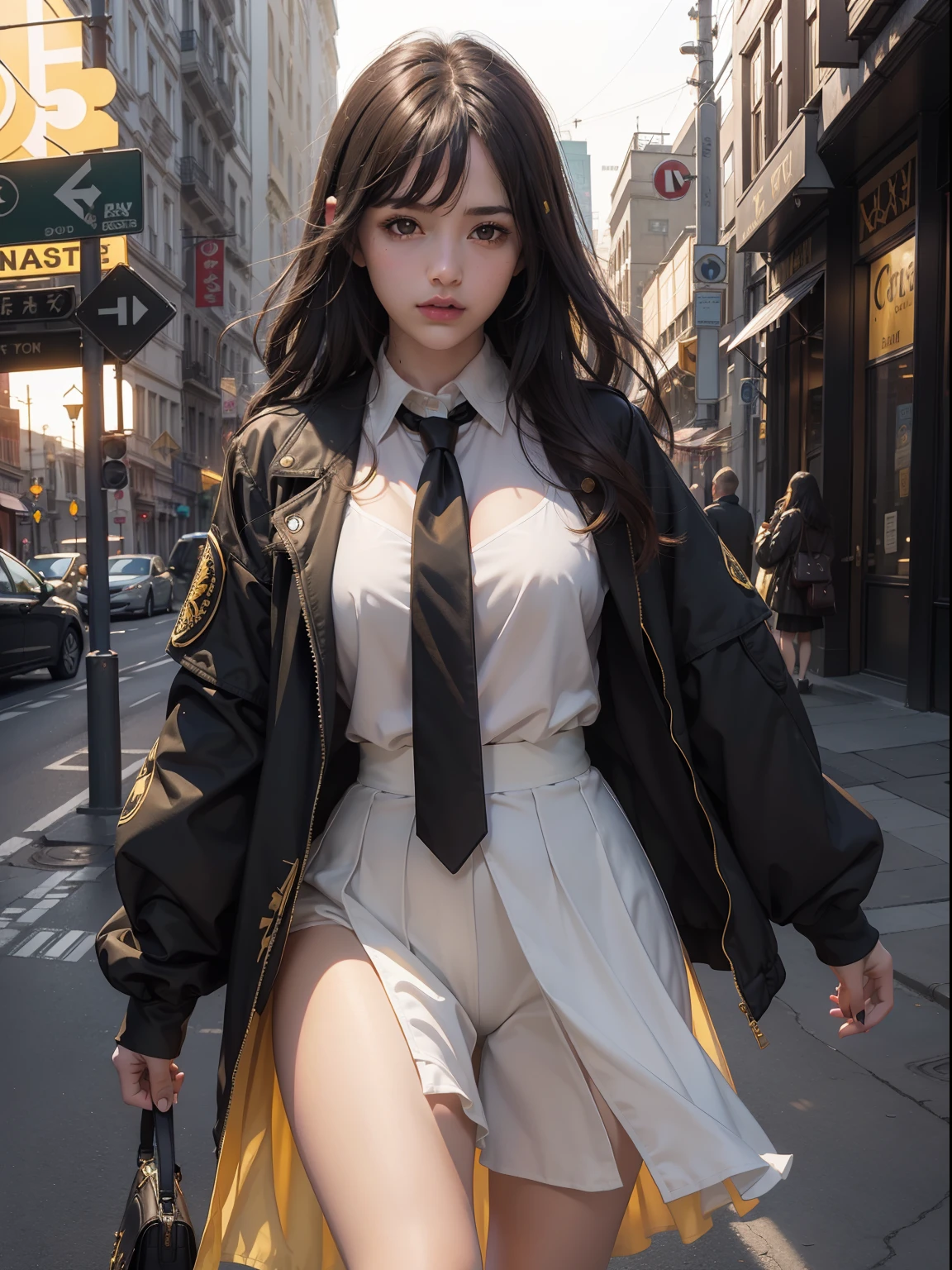 ((nsfw)),1girl, intricate detail, masterpiece, best quality, extremly detailed,cinematic lighting, beautiful detailed glow, finely detailed beautiful face and eyes, 8k, dark intense shadows, yellow eyes, medium hair, black hair, bangs, floating hair, black jacket, open jacket, white shirt, expressionless, yellow necktie, black skirt, spotlight, sunshine, sunrise, gradient sky, city, lens flare, cowboy shot, [[curvy]], [mature female]